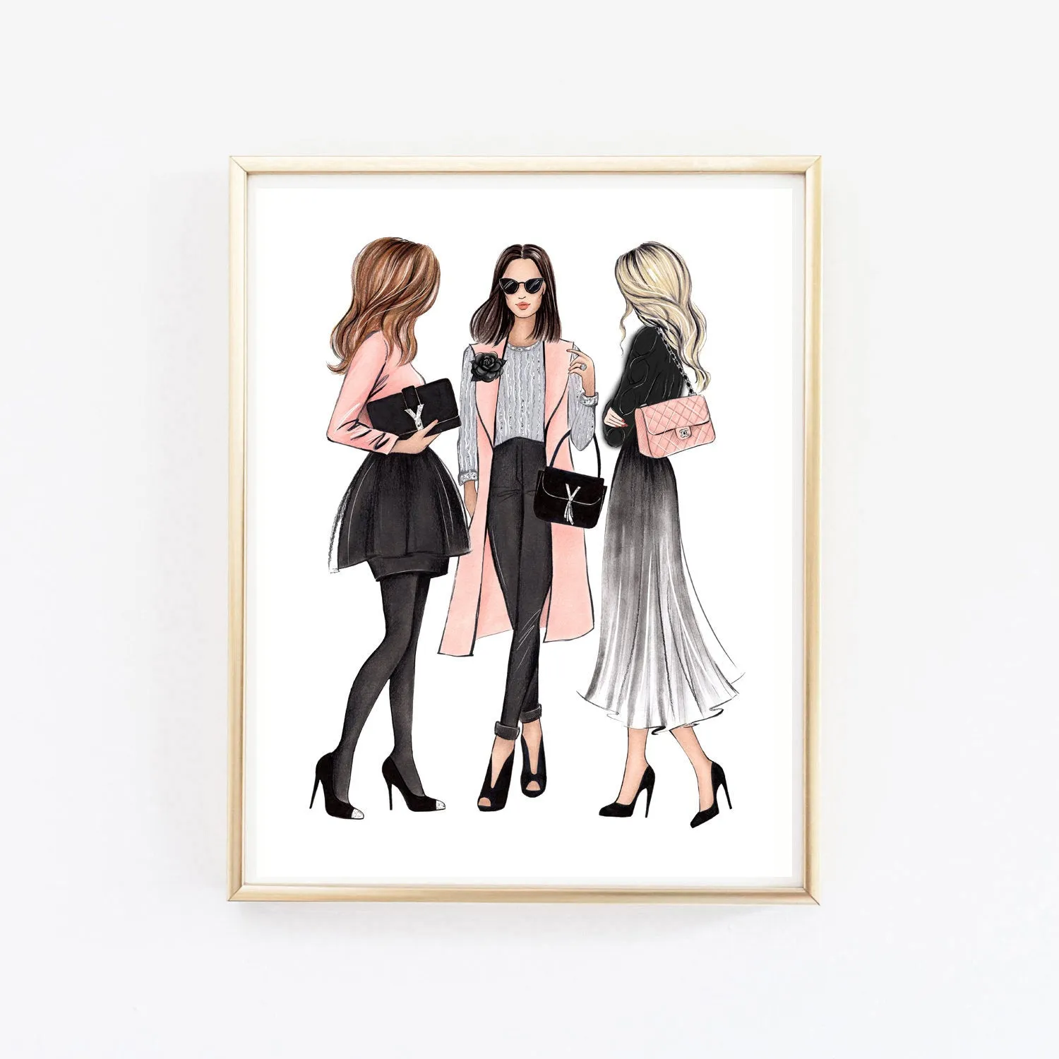 3 ladies in elegant outfits art print fashion illustration