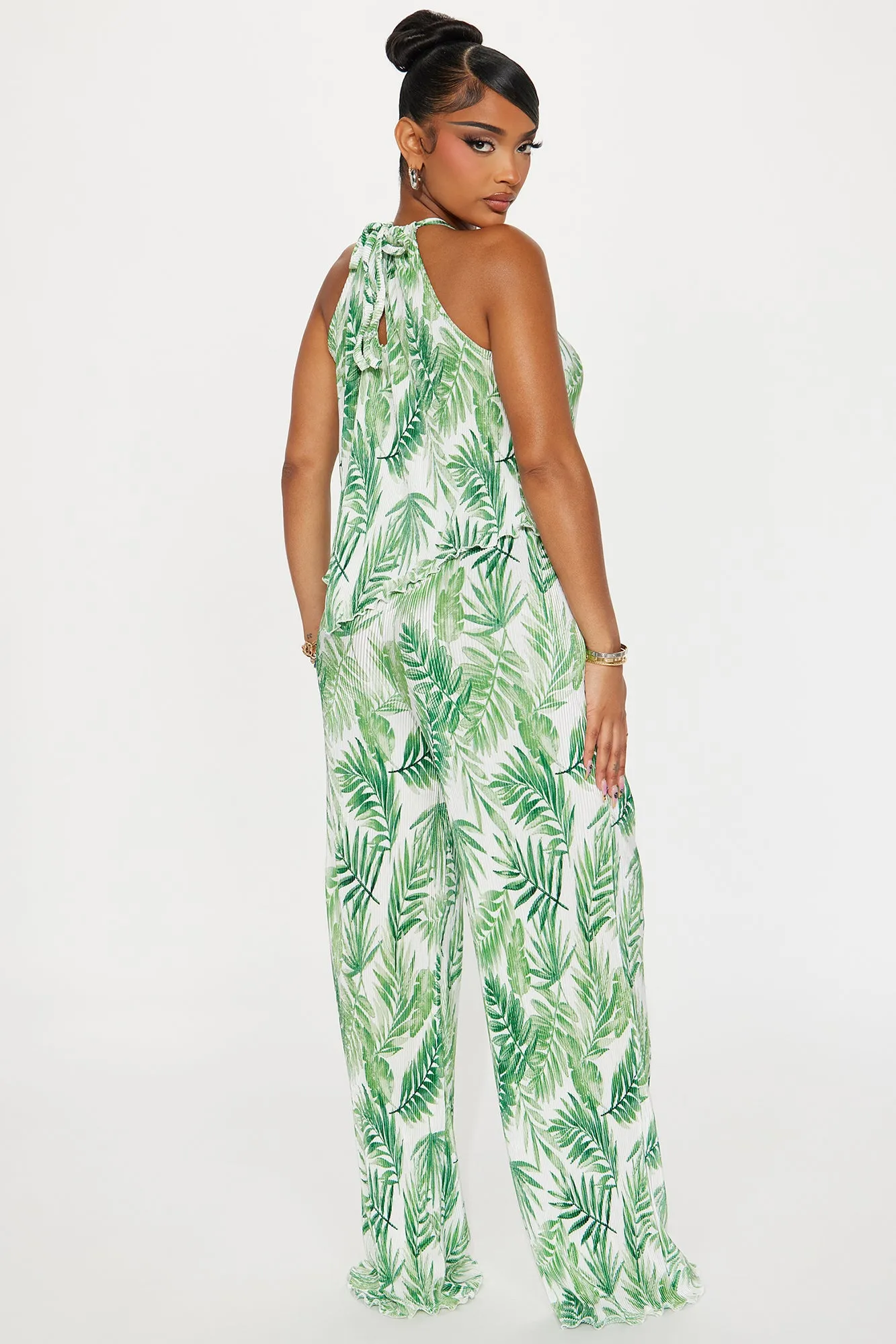 Addie Tropical Plisse Pant Set - Green/combo