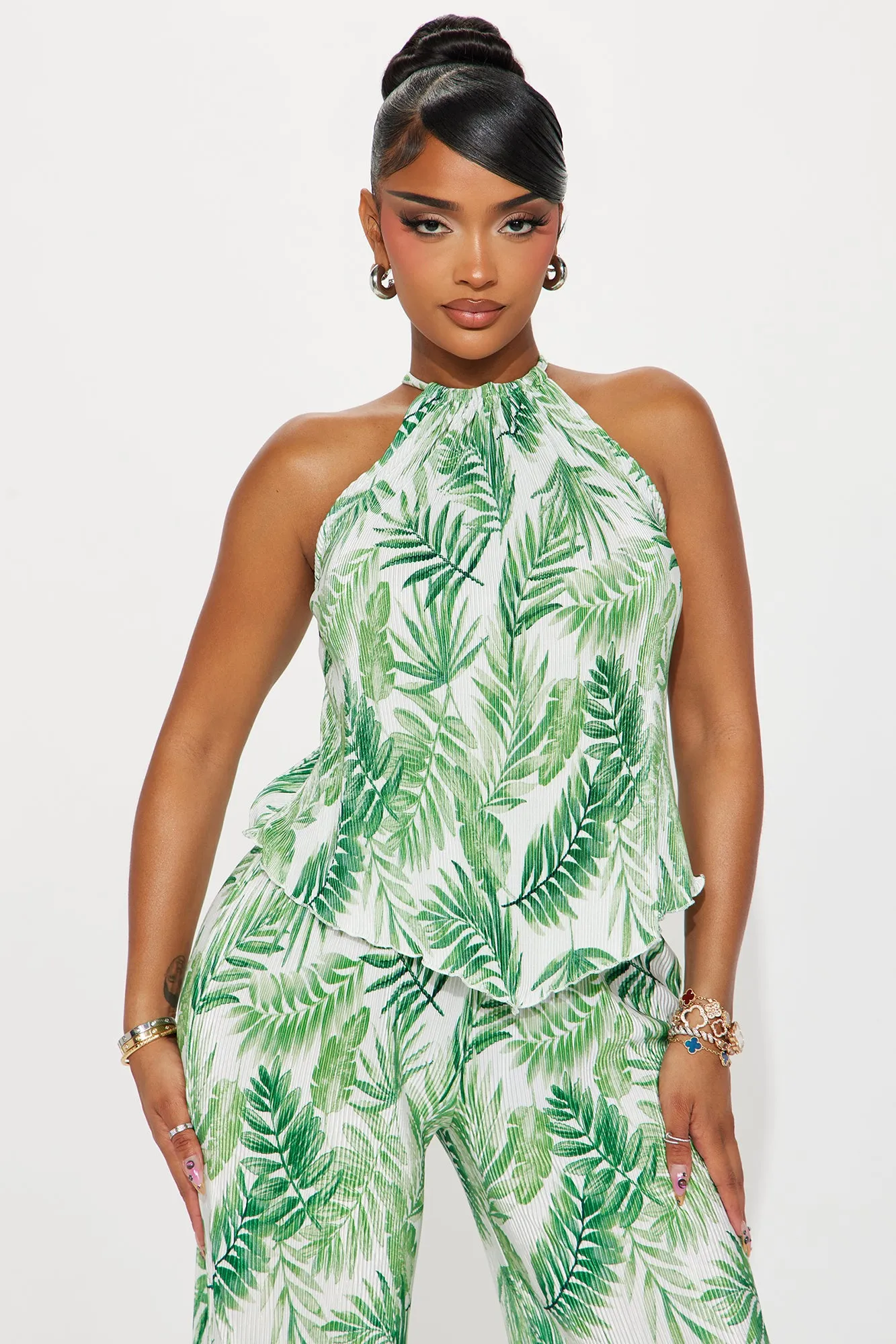 Addie Tropical Plisse Pant Set - Green/combo