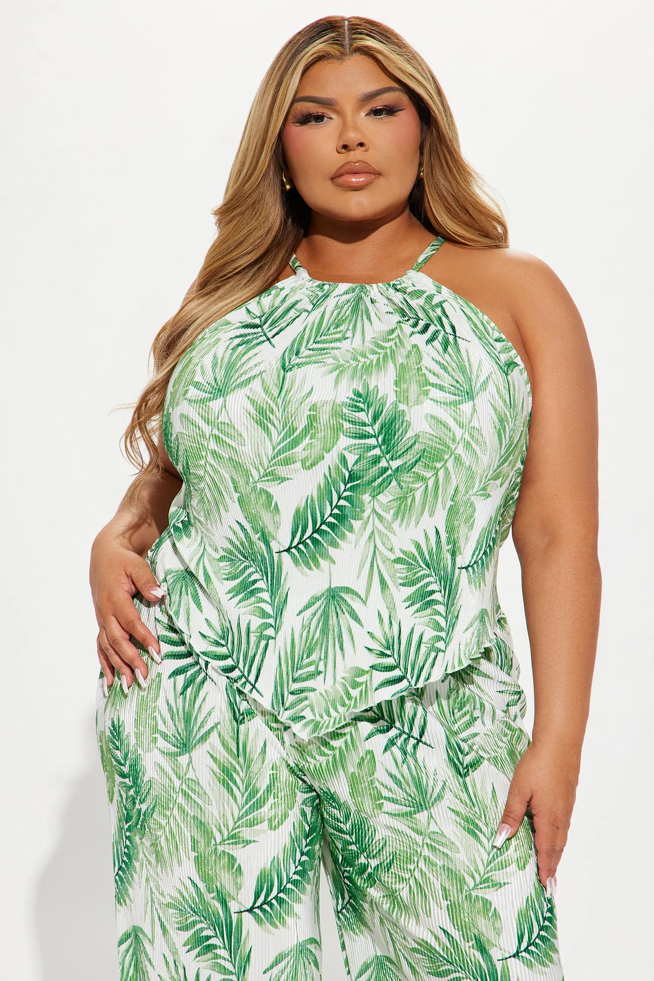 Addie Tropical Plisse Pant Set - Green/combo