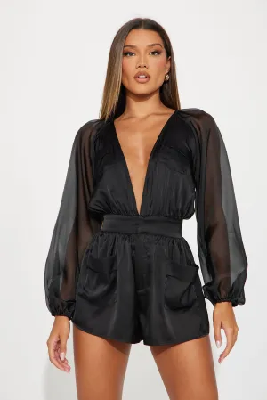 All About Me Satin Romper - Black