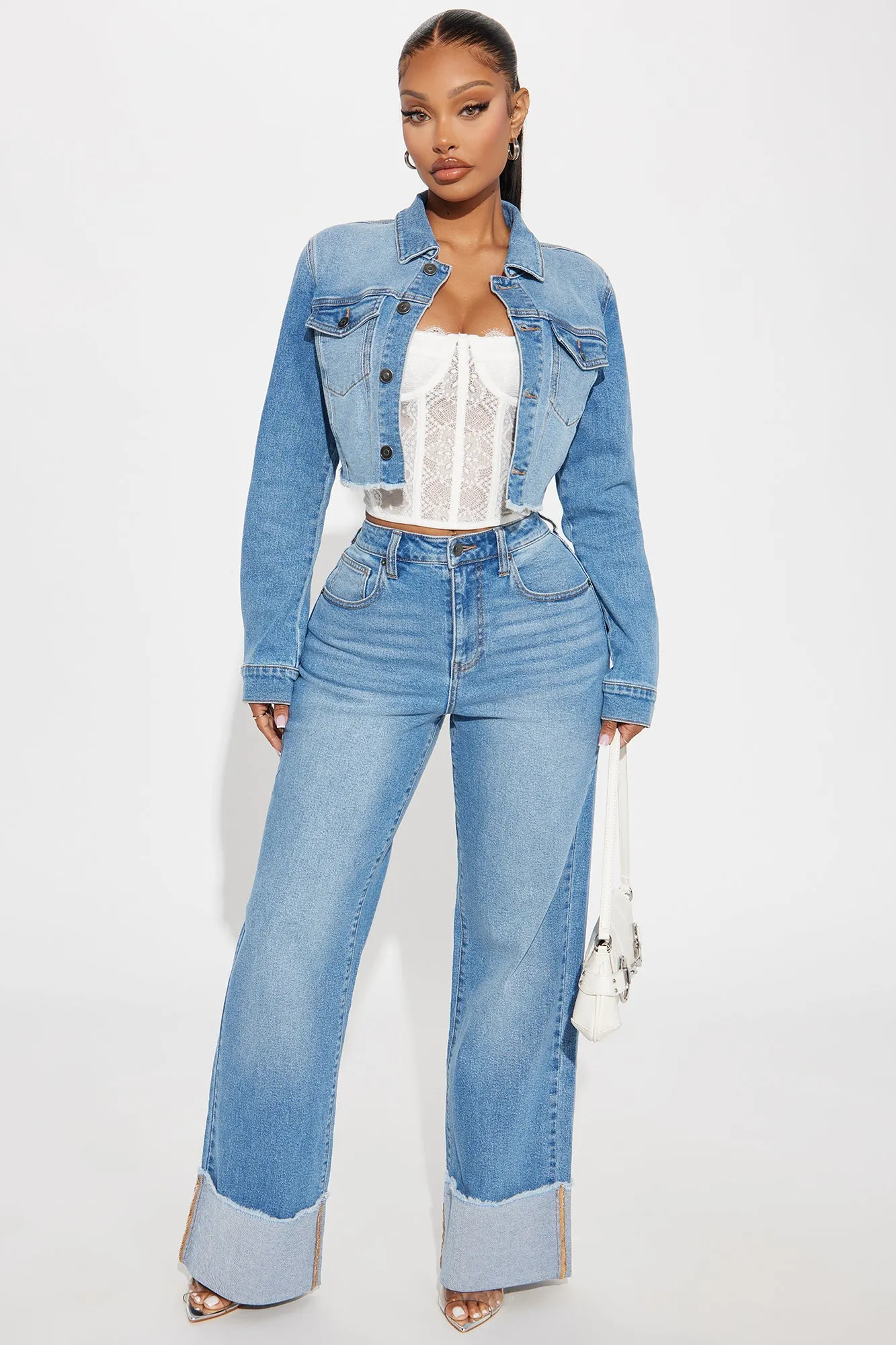 All The While Cuffed Wide Leg Jeans - Light Wash