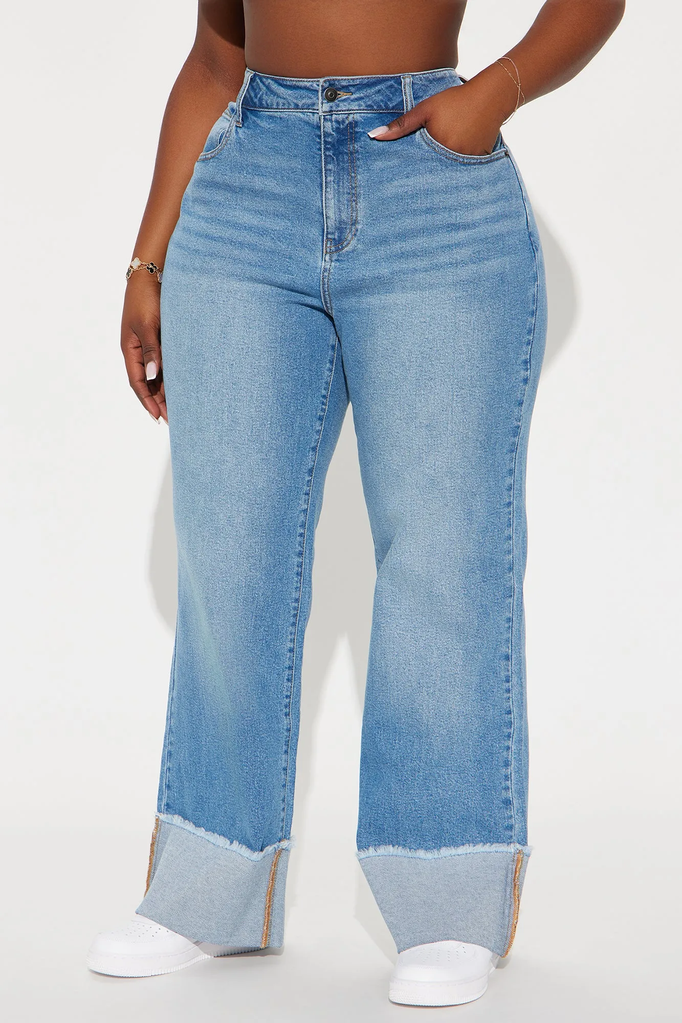 All The While Cuffed Wide Leg Jeans - Light Wash