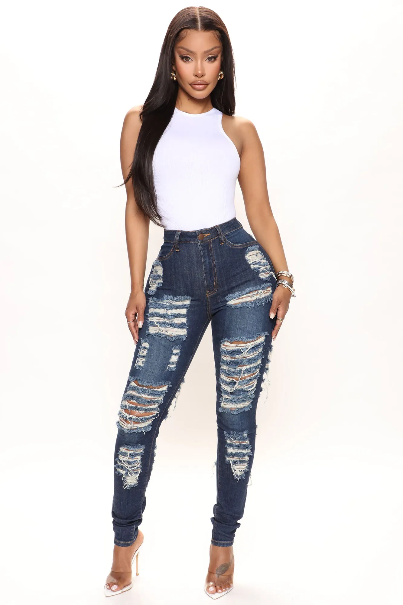 Alter Ego High Waisted Distressed Jeans - Dark Denim