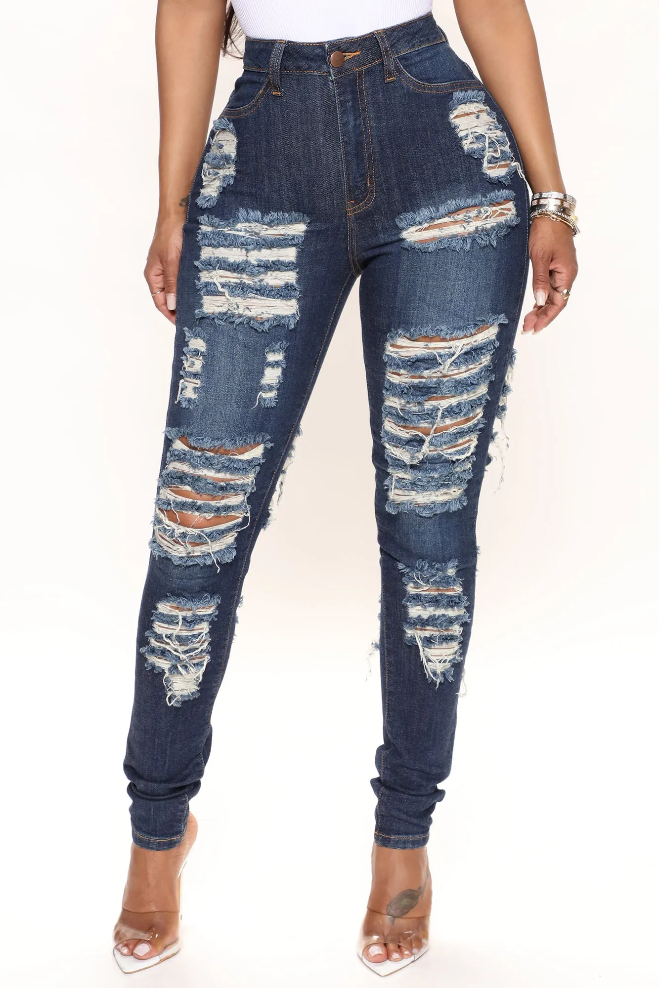 Alter Ego High Waisted Distressed Jeans - Dark Denim