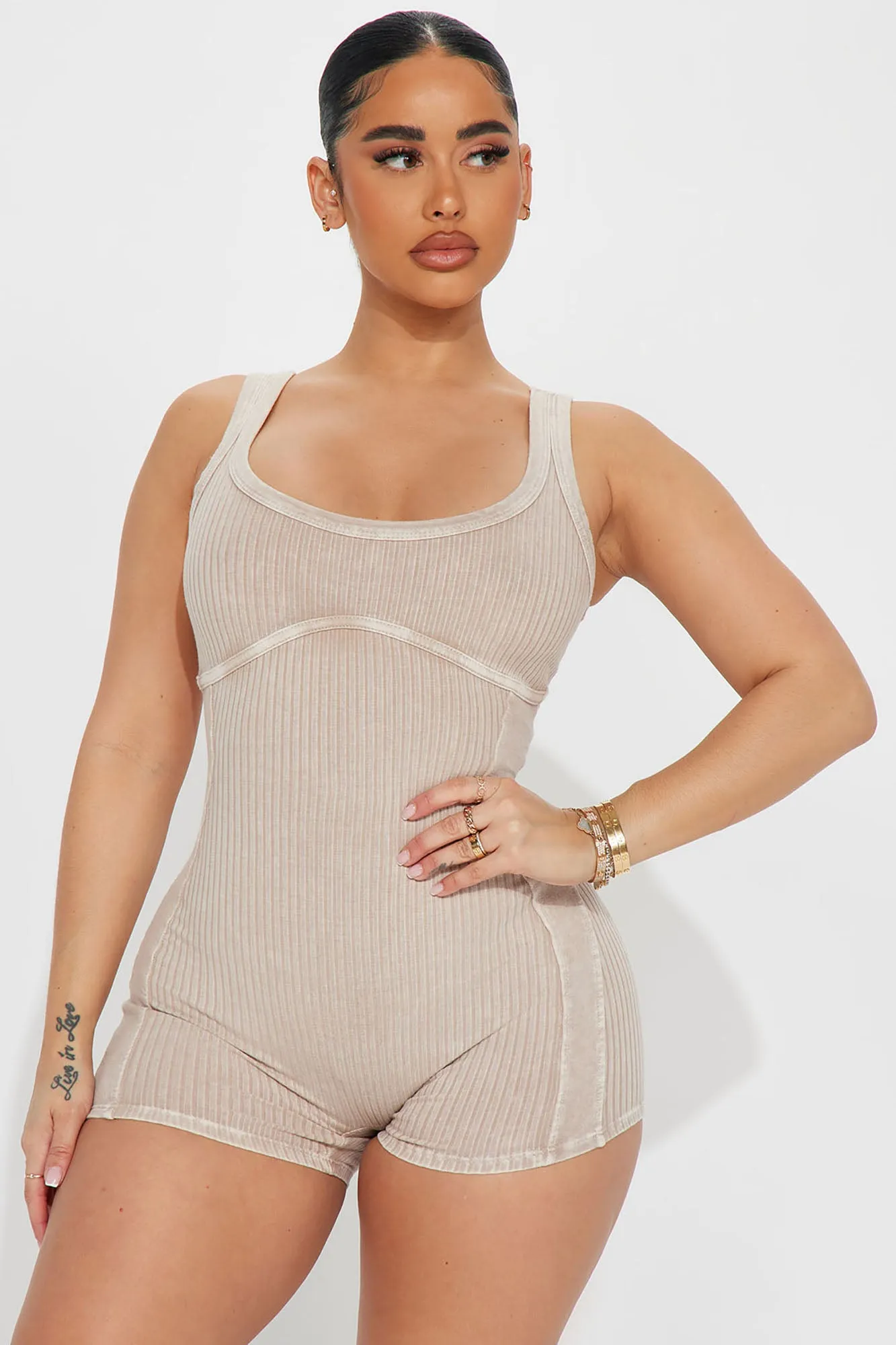 Andrea Ribbed Romper Set - Sand