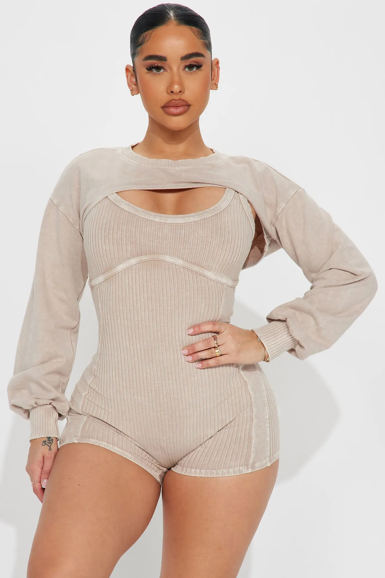 Andrea Ribbed Romper Set - Sand