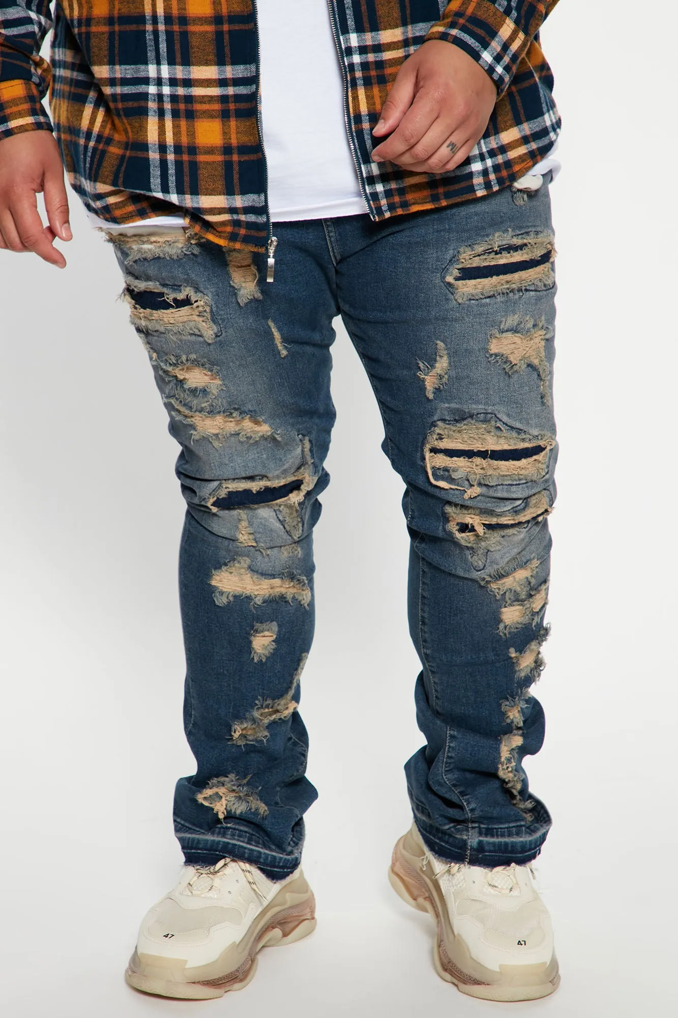 Back Me Up Ripped Stacked Skinny Flared Jeans - Vintage Blue Wash