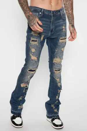 Back Me Up Ripped Stacked Skinny Flared Jeans - Vintage Blue Wash