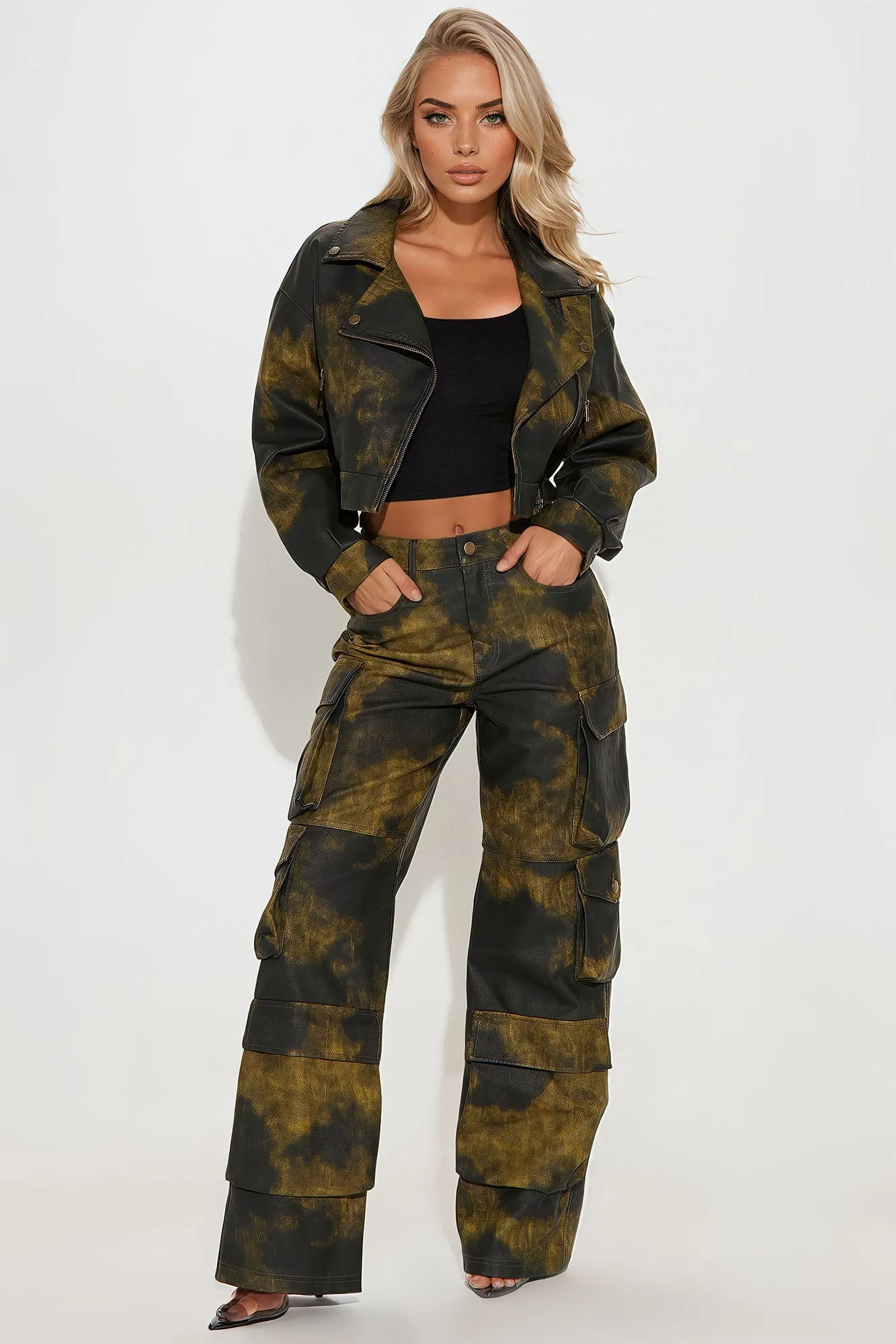 Blair Faux Leather Cargo Pant Set - Black/Green