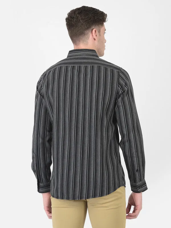 Cotton Melange Black Slim Fit Striped Casual Shirt