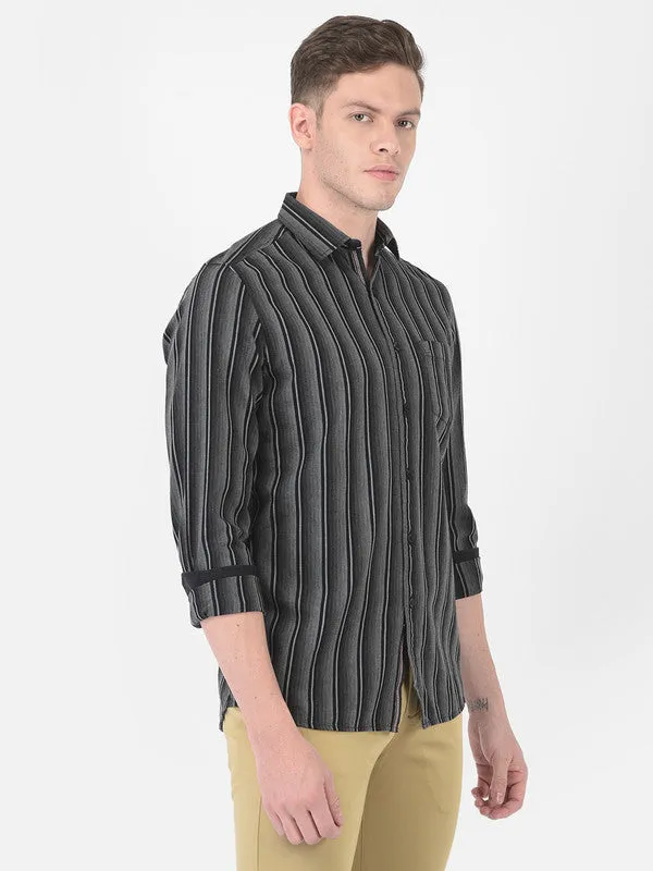 Cotton Melange Black Slim Fit Striped Casual Shirt