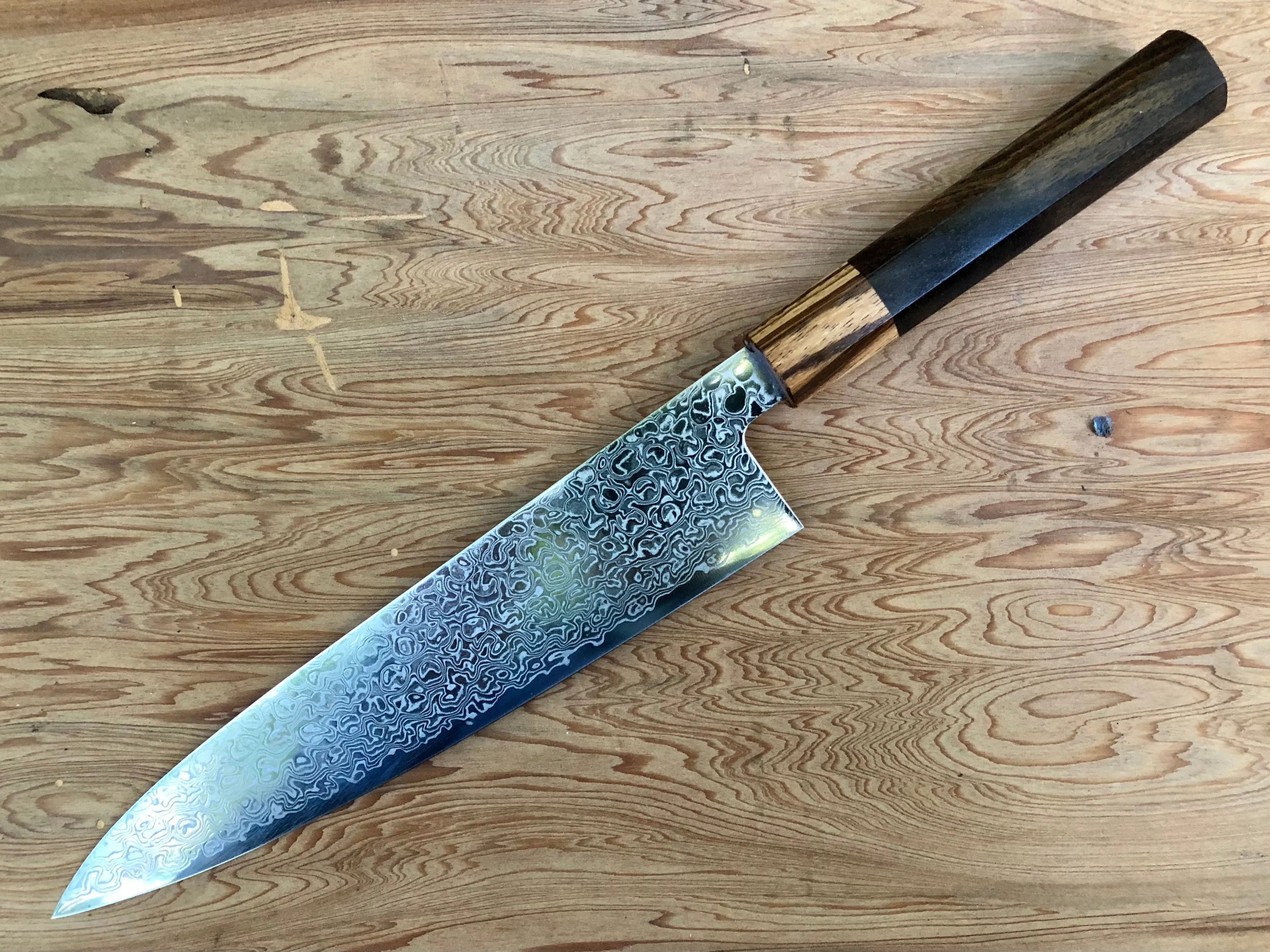 Custom Tsunehisa ZA-18 Damascus Gyuto 210 -  Claro Walnut and zebrawood