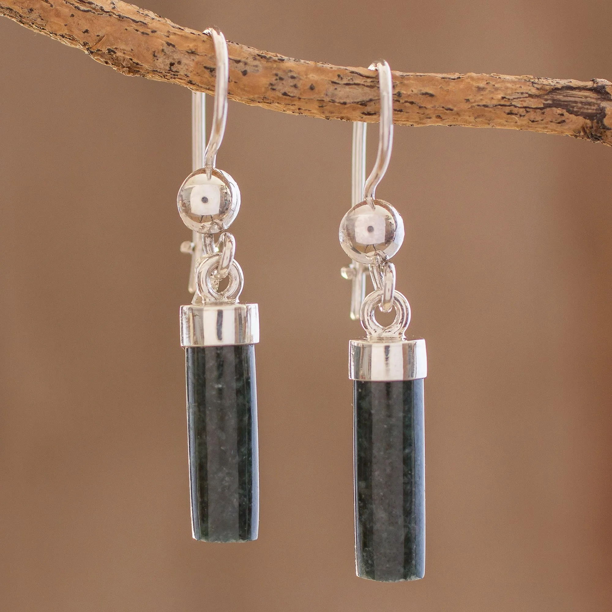 Dark Green Jade Cylindrical Dangle Earrings from Guatemala - Dark Green Mayan Pillars | NOVICA