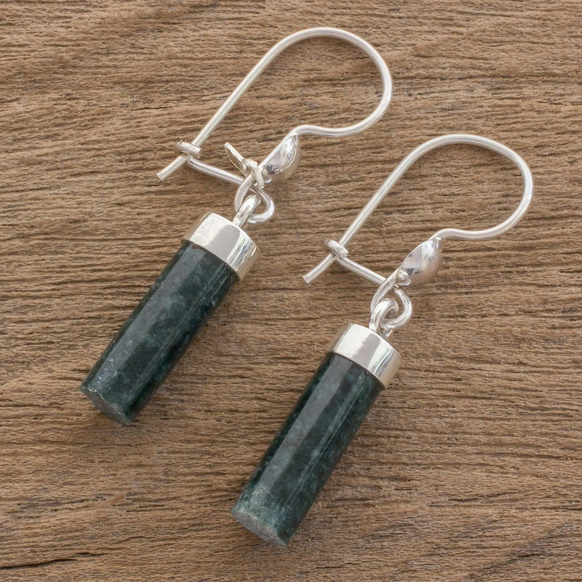 Dark Green Jade Cylindrical Dangle Earrings from Guatemala - Dark Green Mayan Pillars | NOVICA