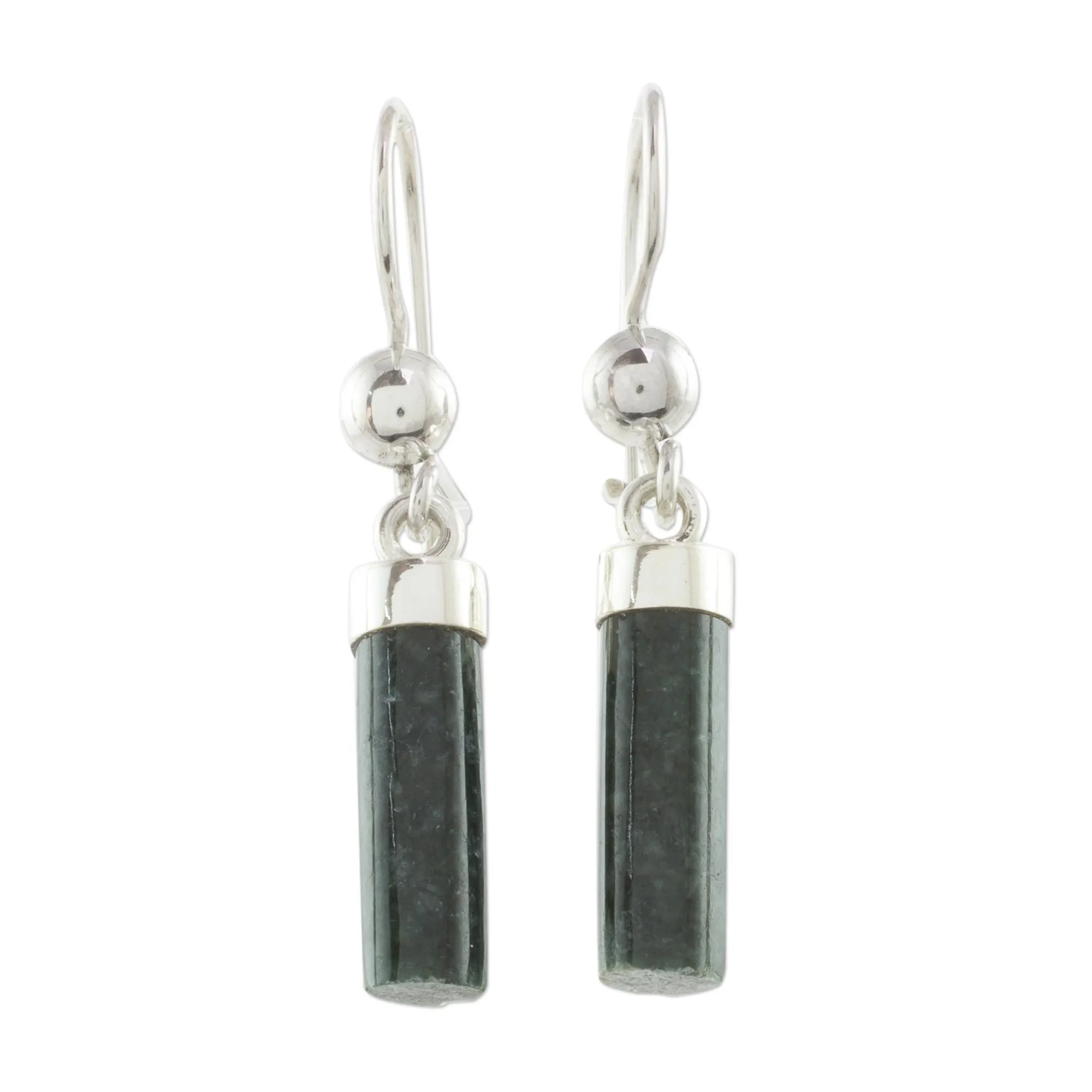 Dark Green Jade Cylindrical Dangle Earrings from Guatemala - Dark Green Mayan Pillars | NOVICA