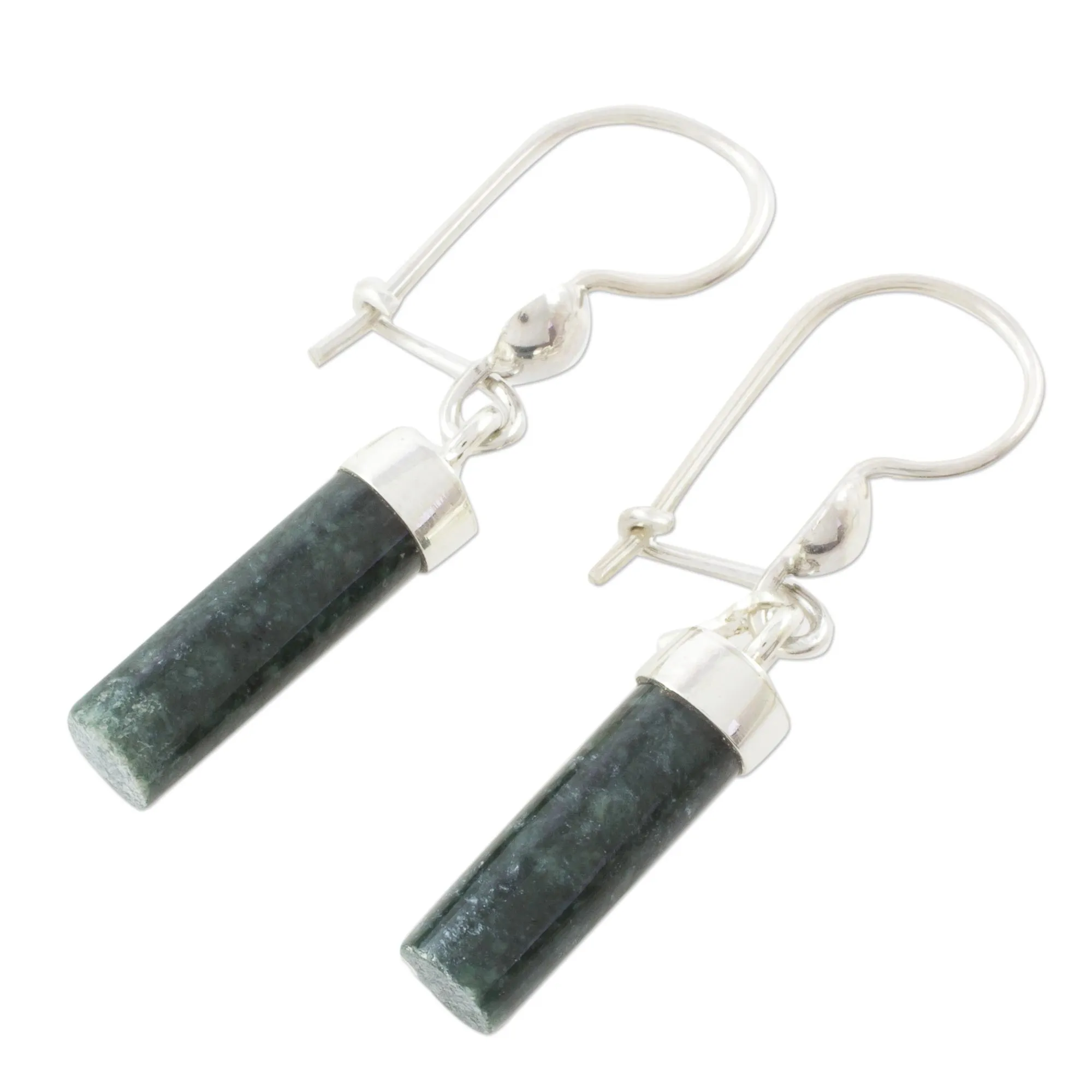 Dark Green Jade Cylindrical Dangle Earrings from Guatemala - Dark Green Mayan Pillars | NOVICA