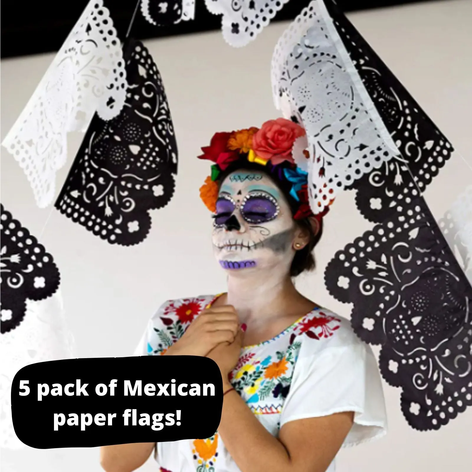 Day of the Dead Black and White Papel Picado Banners (Tissue Paper, 65ft Total)