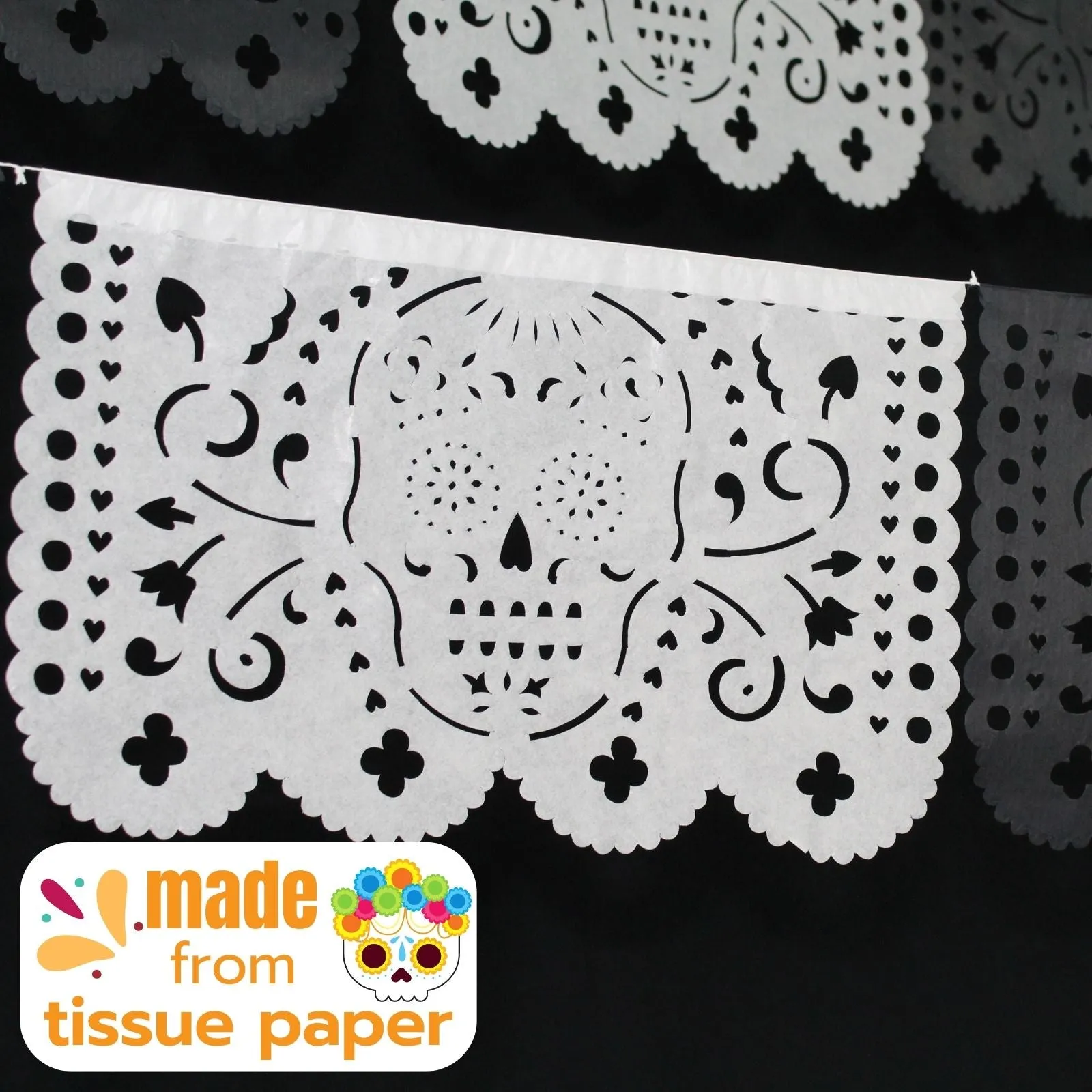 Day of the Dead Black and White Papel Picado Banners (Tissue Paper, 65ft Total)