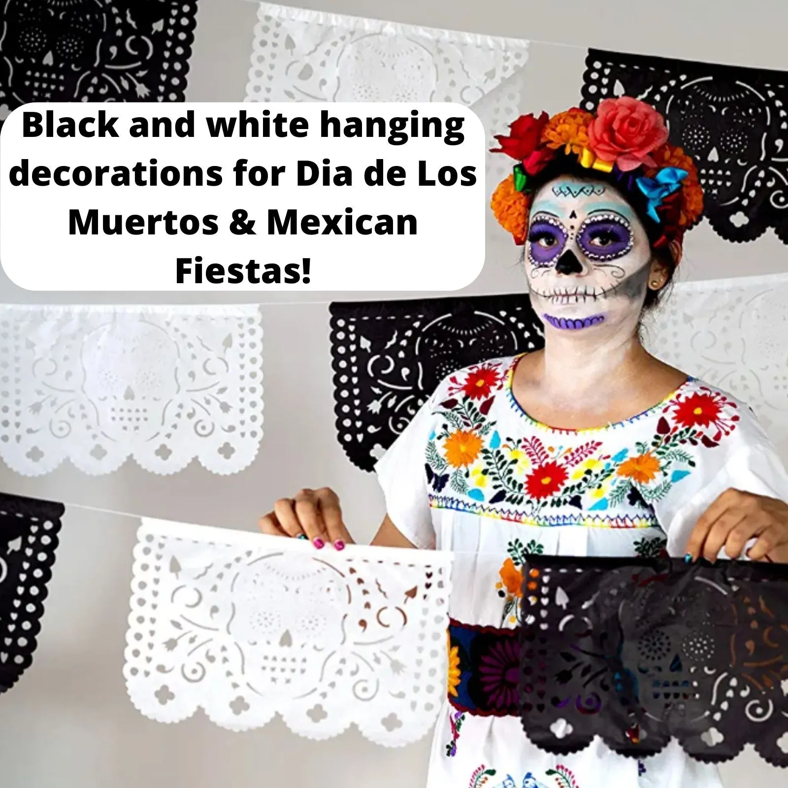 Day of the Dead Black and White Papel Picado Banners (Tissue Paper, 65ft Total)