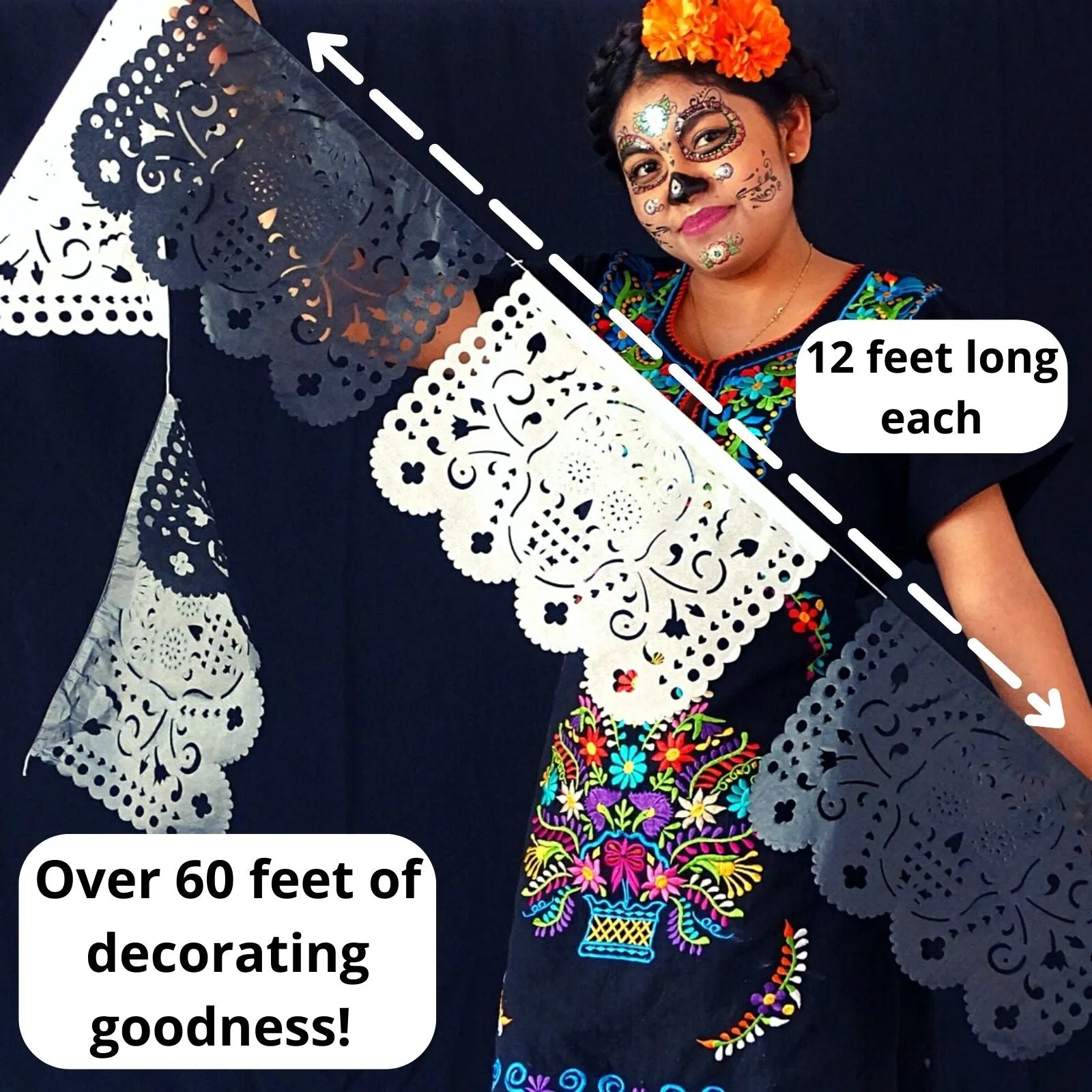 Day of the Dead Black and White Papel Picado Banners (Tissue Paper, 65ft Total)