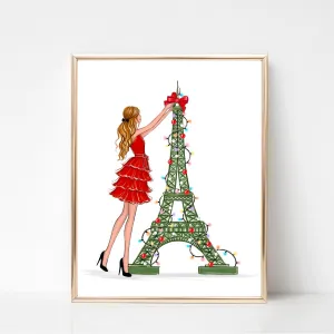 Eiffel tower green Christmas tree art print fashion illustration