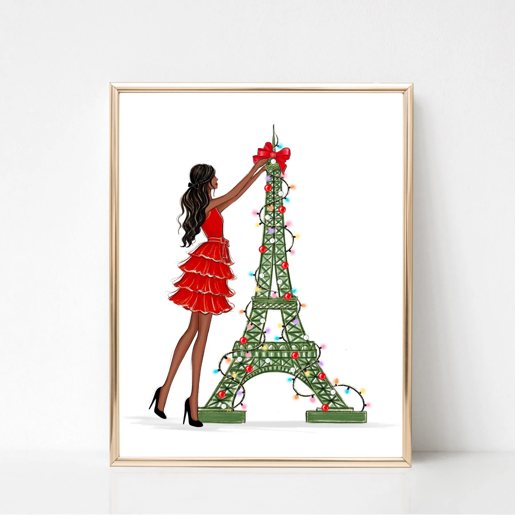 Eiffel tower green Christmas tree art print fashion illustration