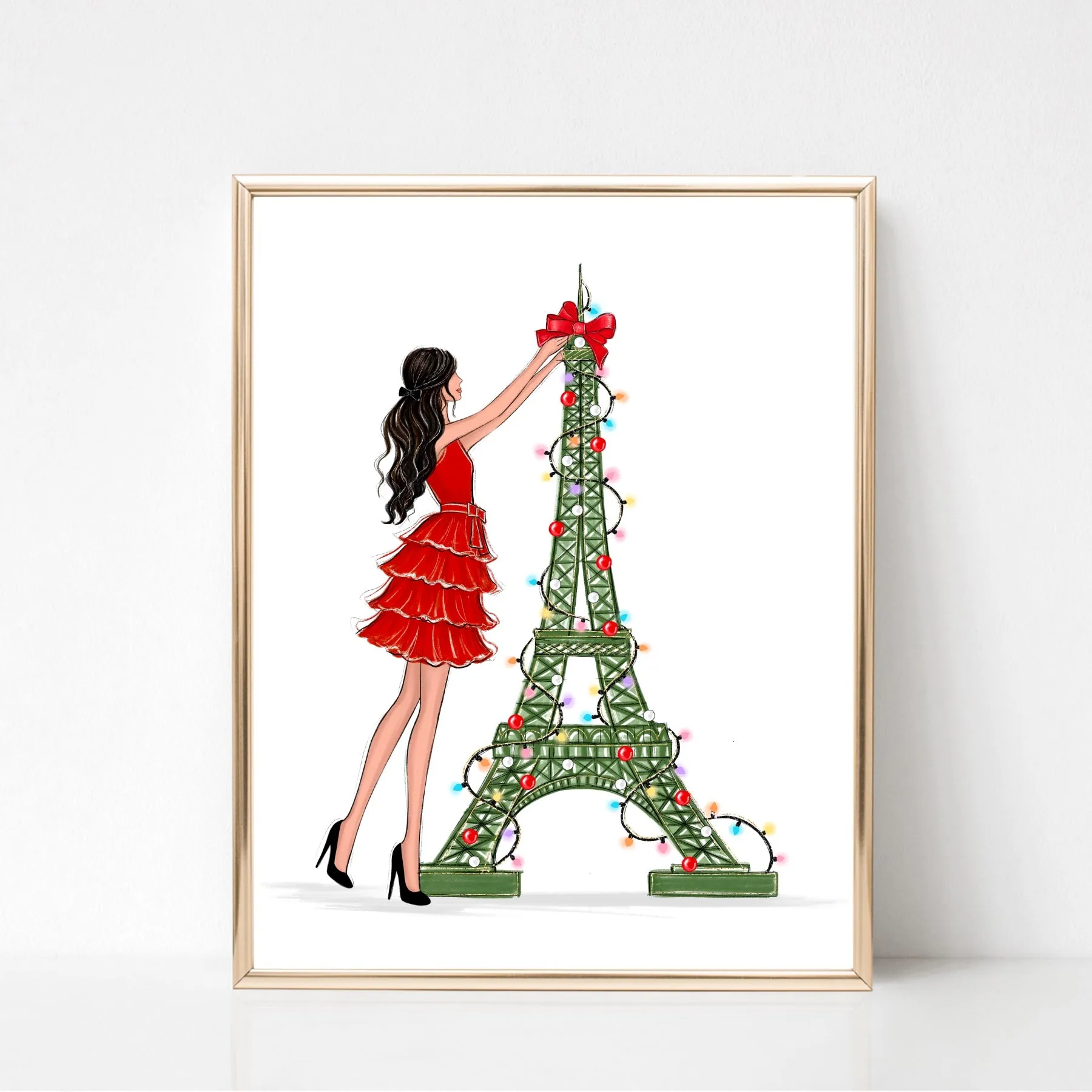 Eiffel tower green Christmas tree art print fashion illustration