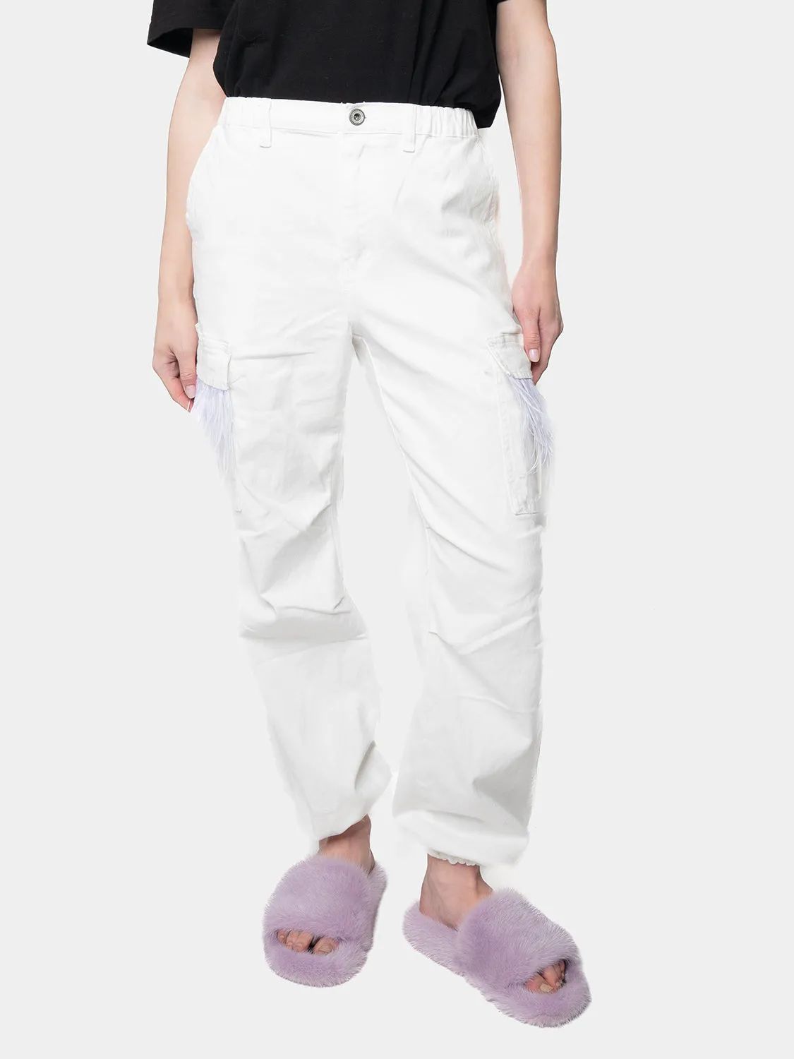 MADRID - White Cargo Pants with Lilac Marabou Feathers