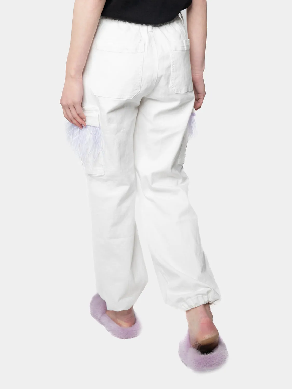 MADRID - White Cargo Pants with Lilac Marabou Feathers