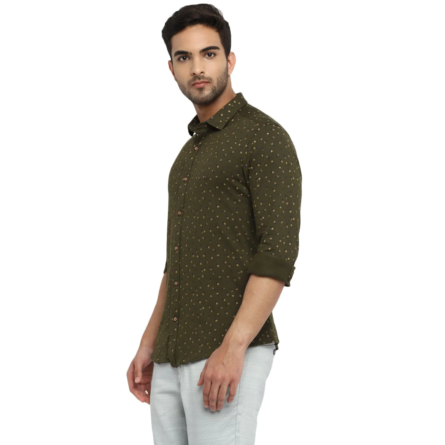 Olive Cotton Printed Slim Fit Shirt