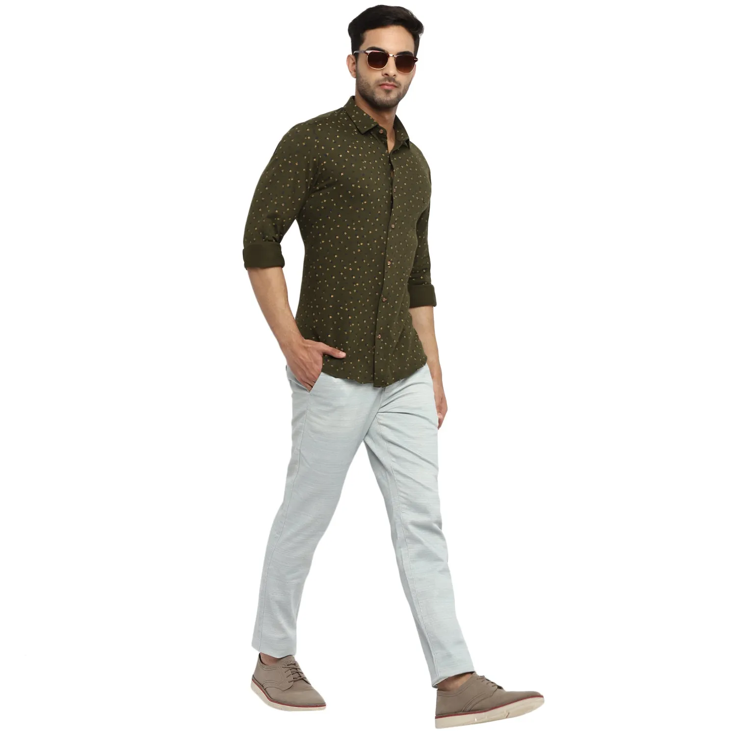 Olive Cotton Printed Slim Fit Shirt