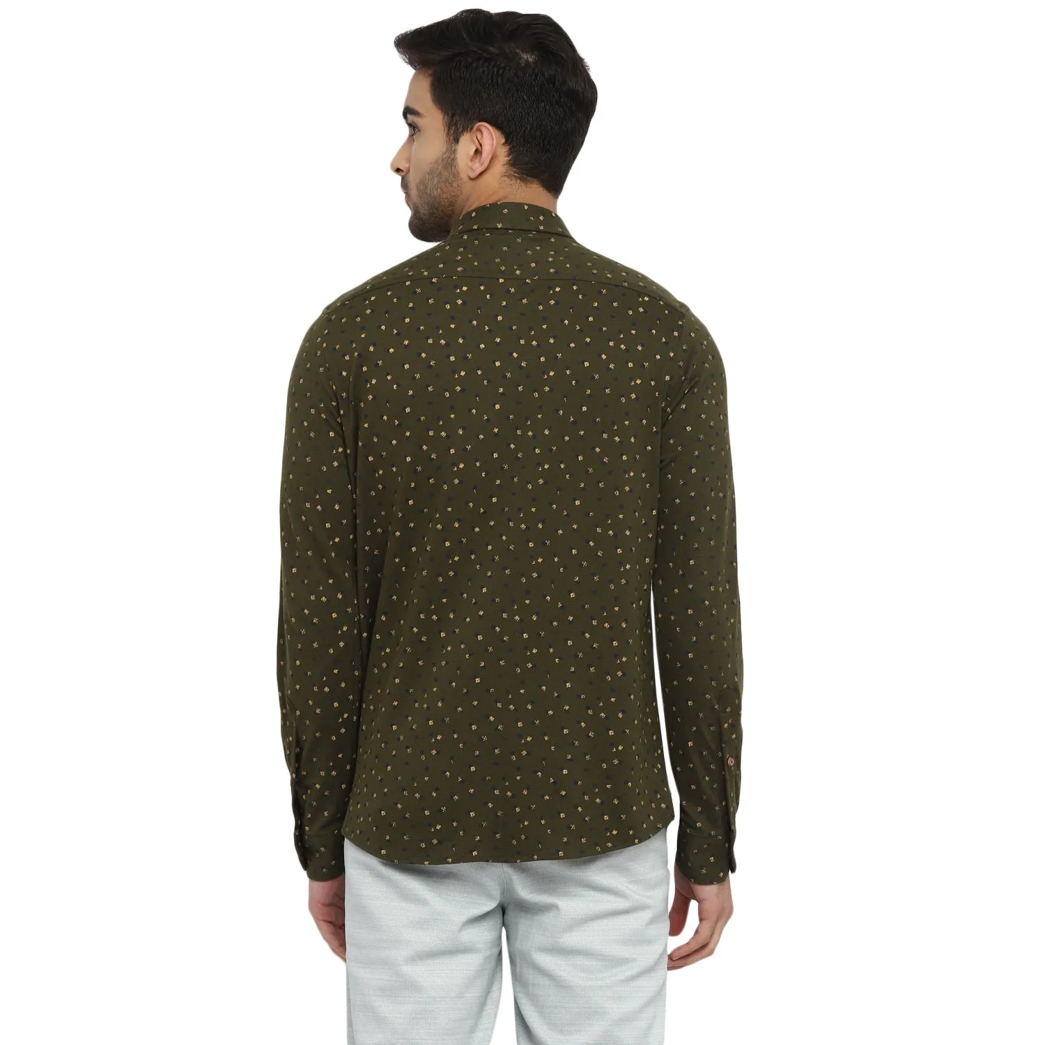 Olive Cotton Printed Slim Fit Shirt