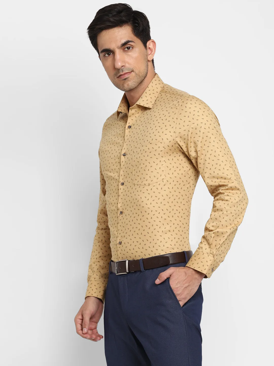 Printed Beige Slim Fit Formal Shirt