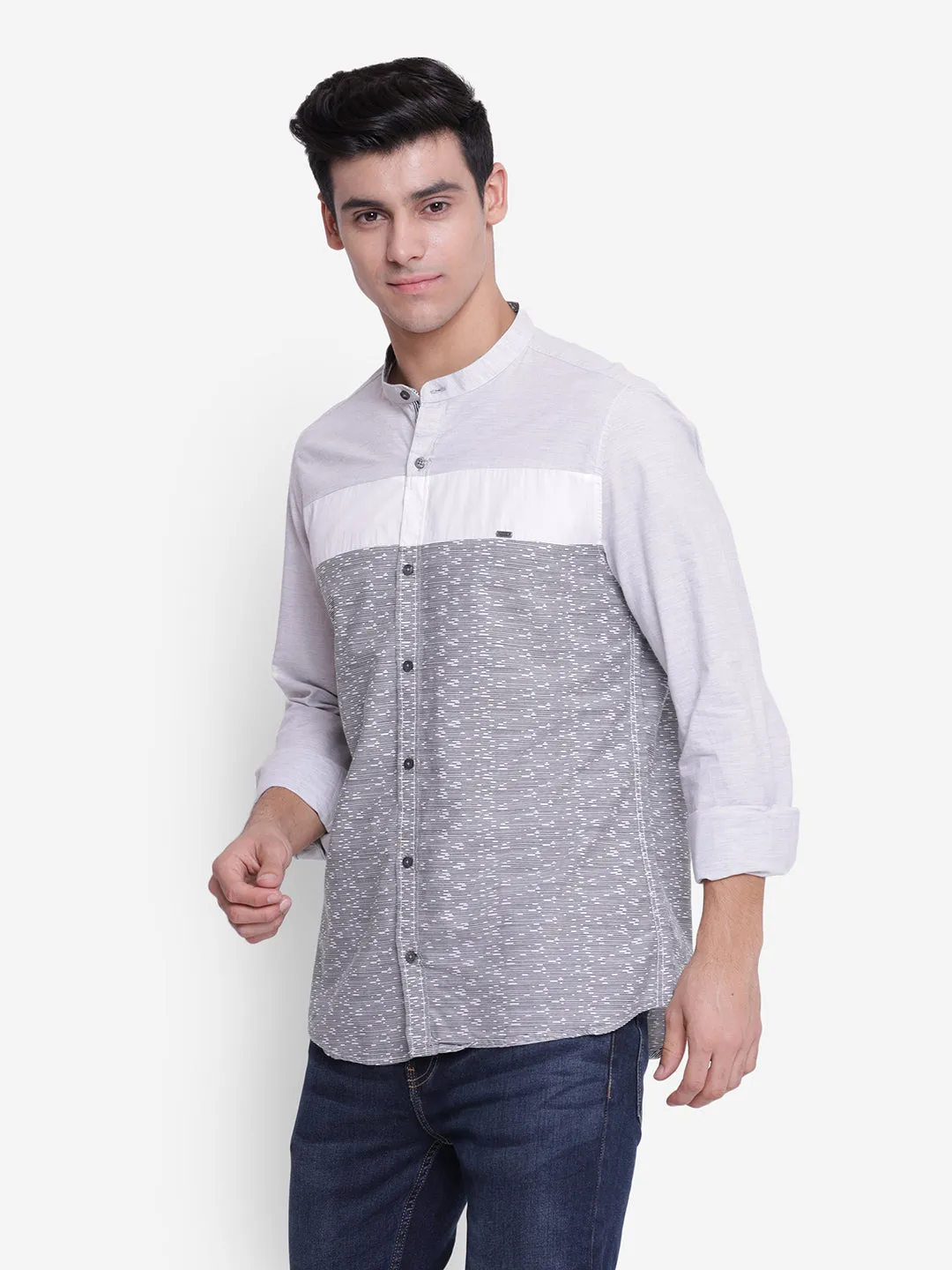 Self Design White & Grey Slim Fit Band Collar Casual Shirt