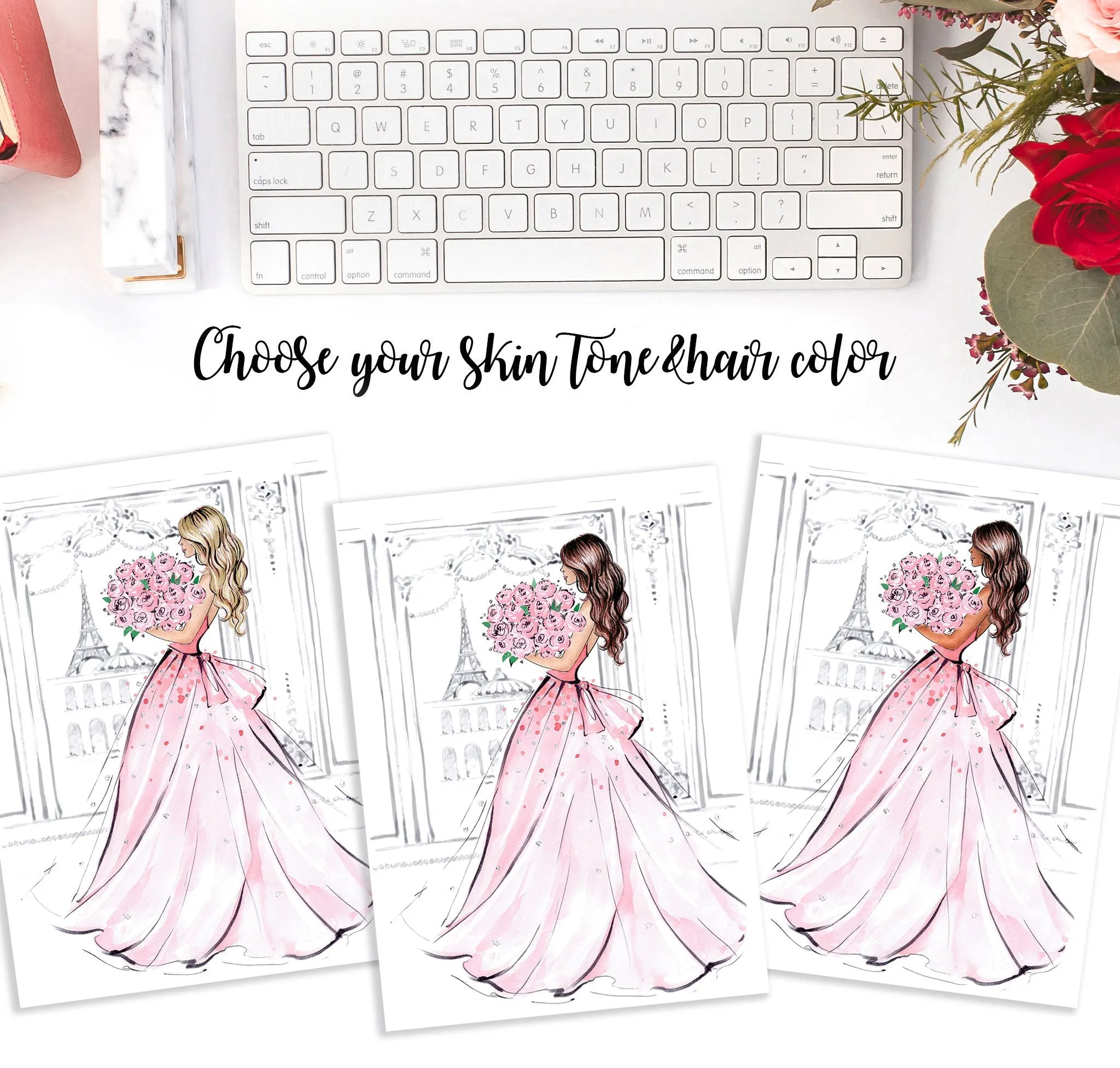 Set of 3 Blush Pink girly art print fashion illustrations