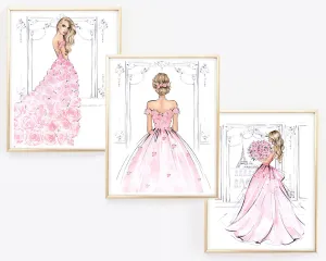 Set of 3 Blush Pink girly art print fashion illustrations