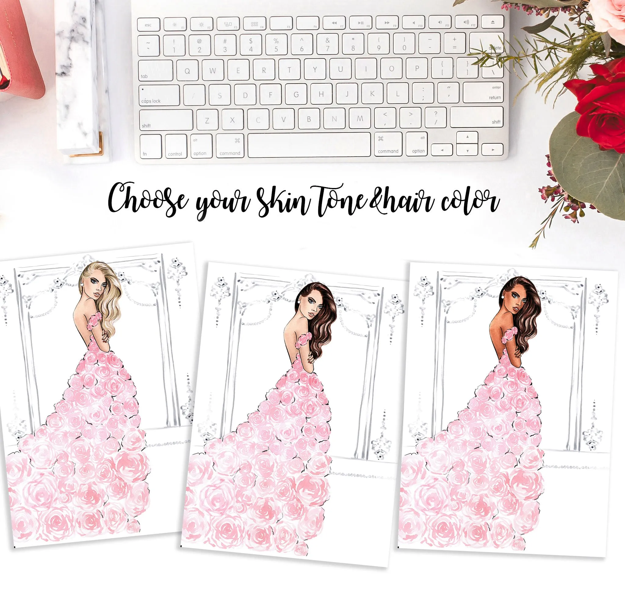 Set of 3 Blush Pink girly art print fashion illustrations