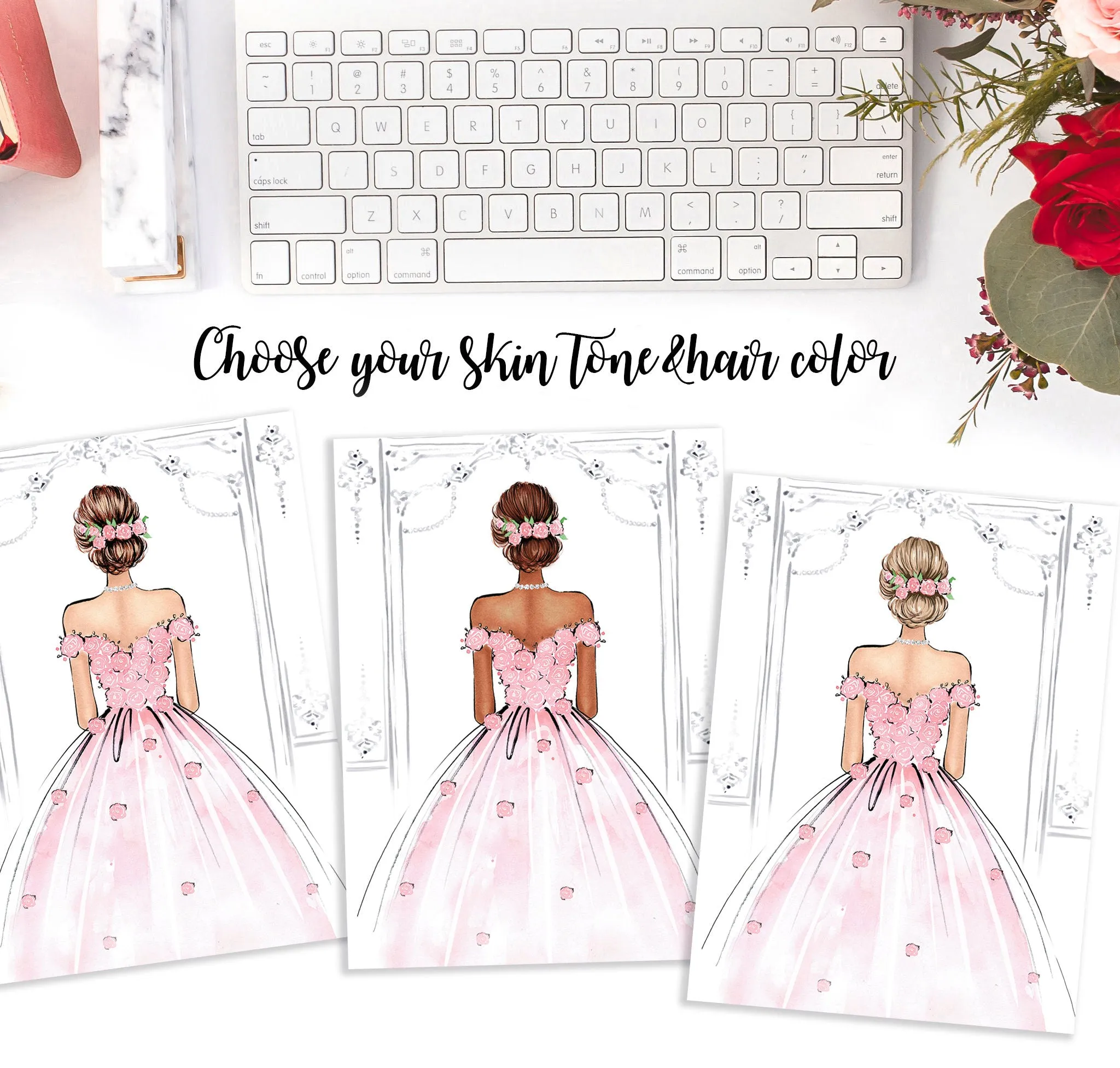 Set of 3 Blush Pink girly art print fashion illustrations