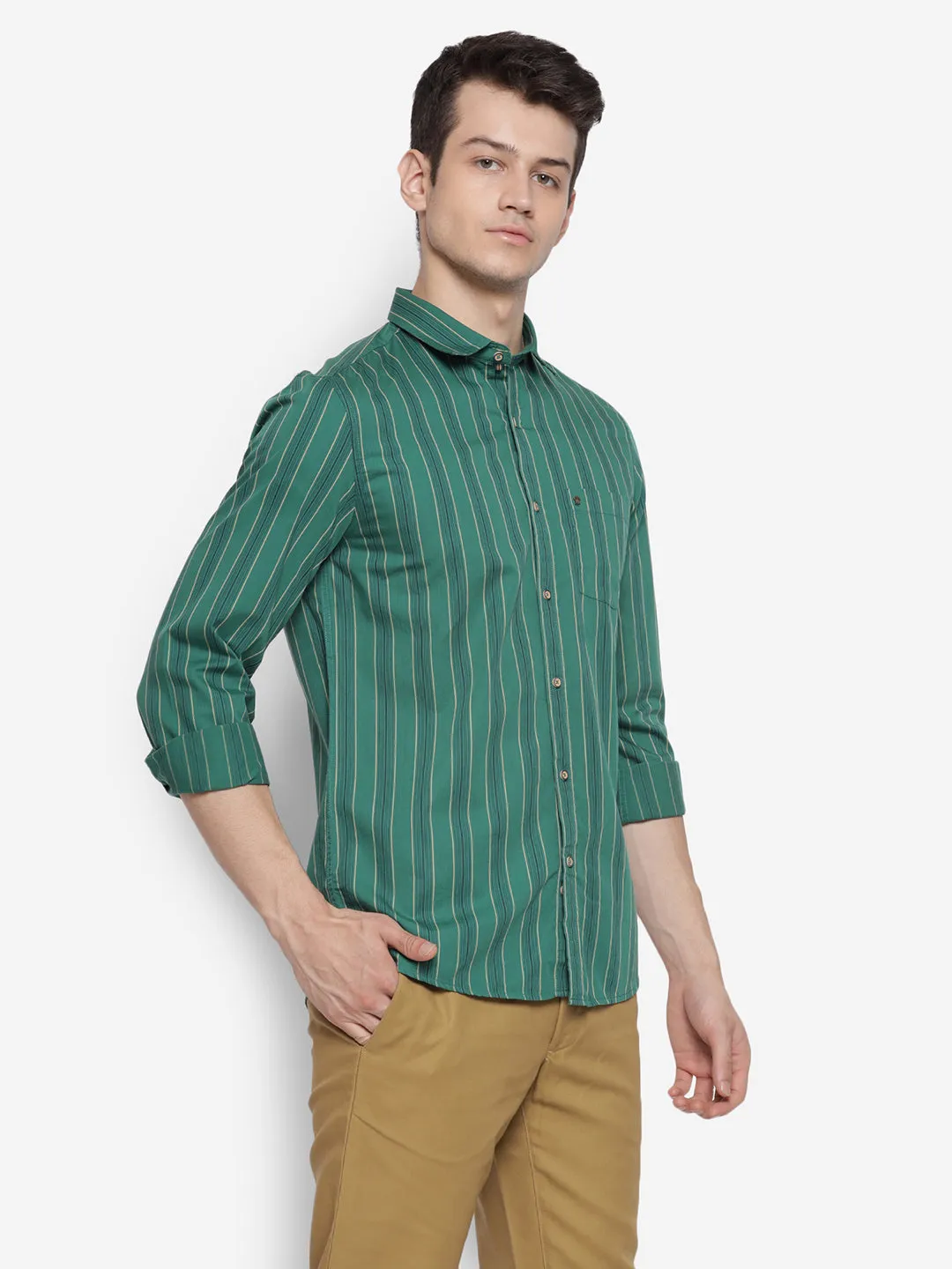 Stiped Green Slim Fit Causal Shirt