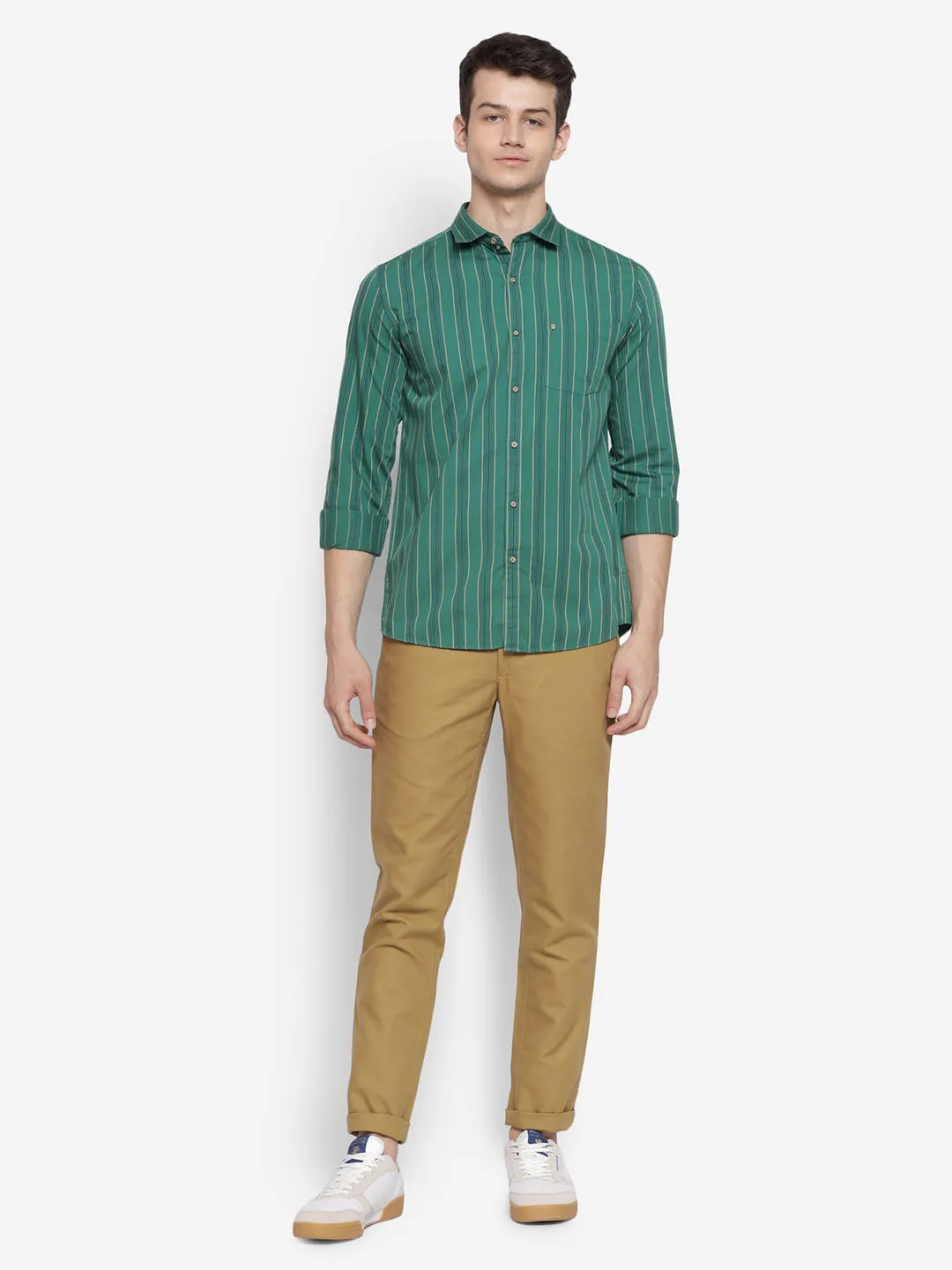 Stiped Green Slim Fit Causal Shirt