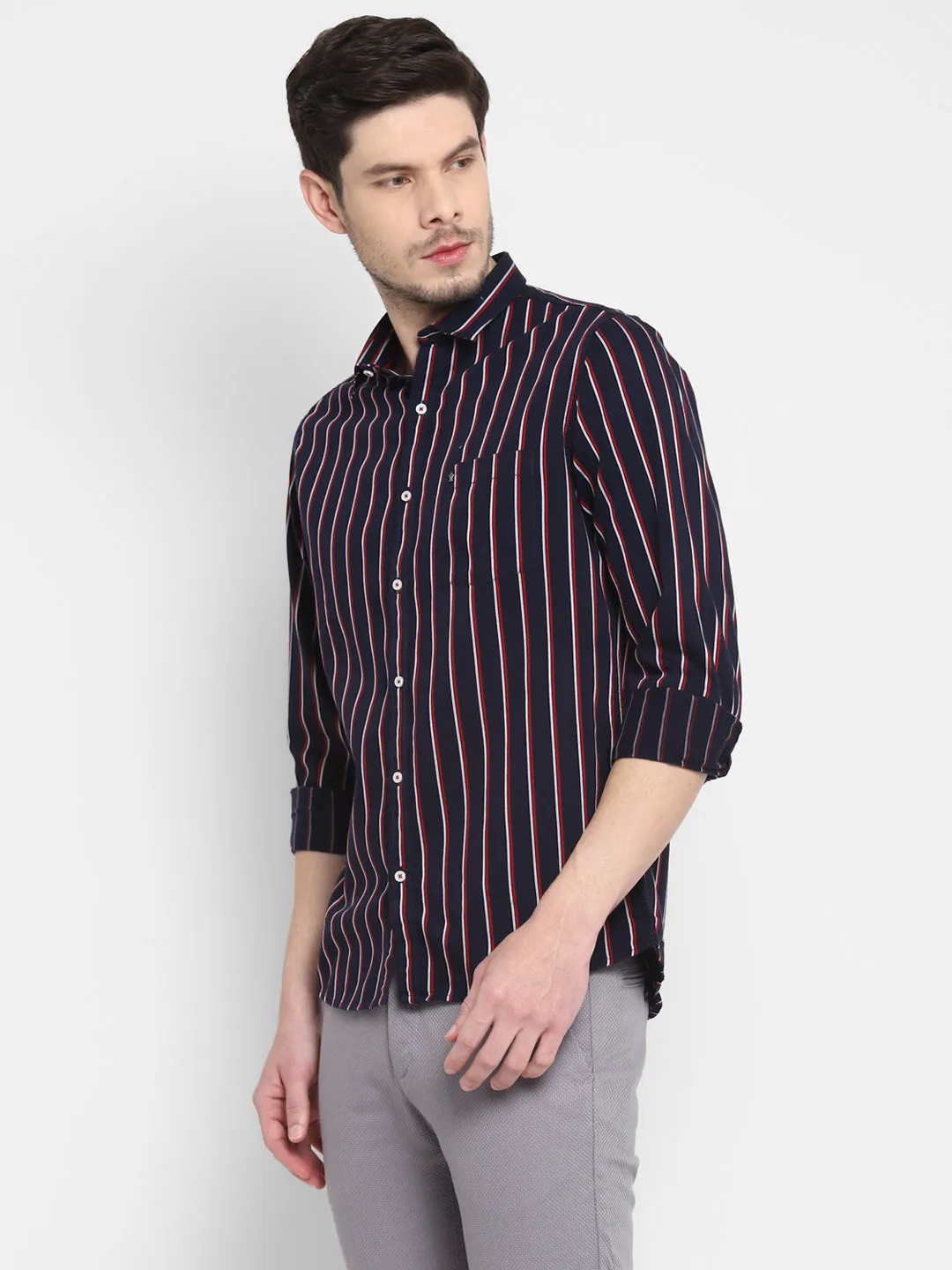 Striped Navy Blue Slim Fit Causal Shirt