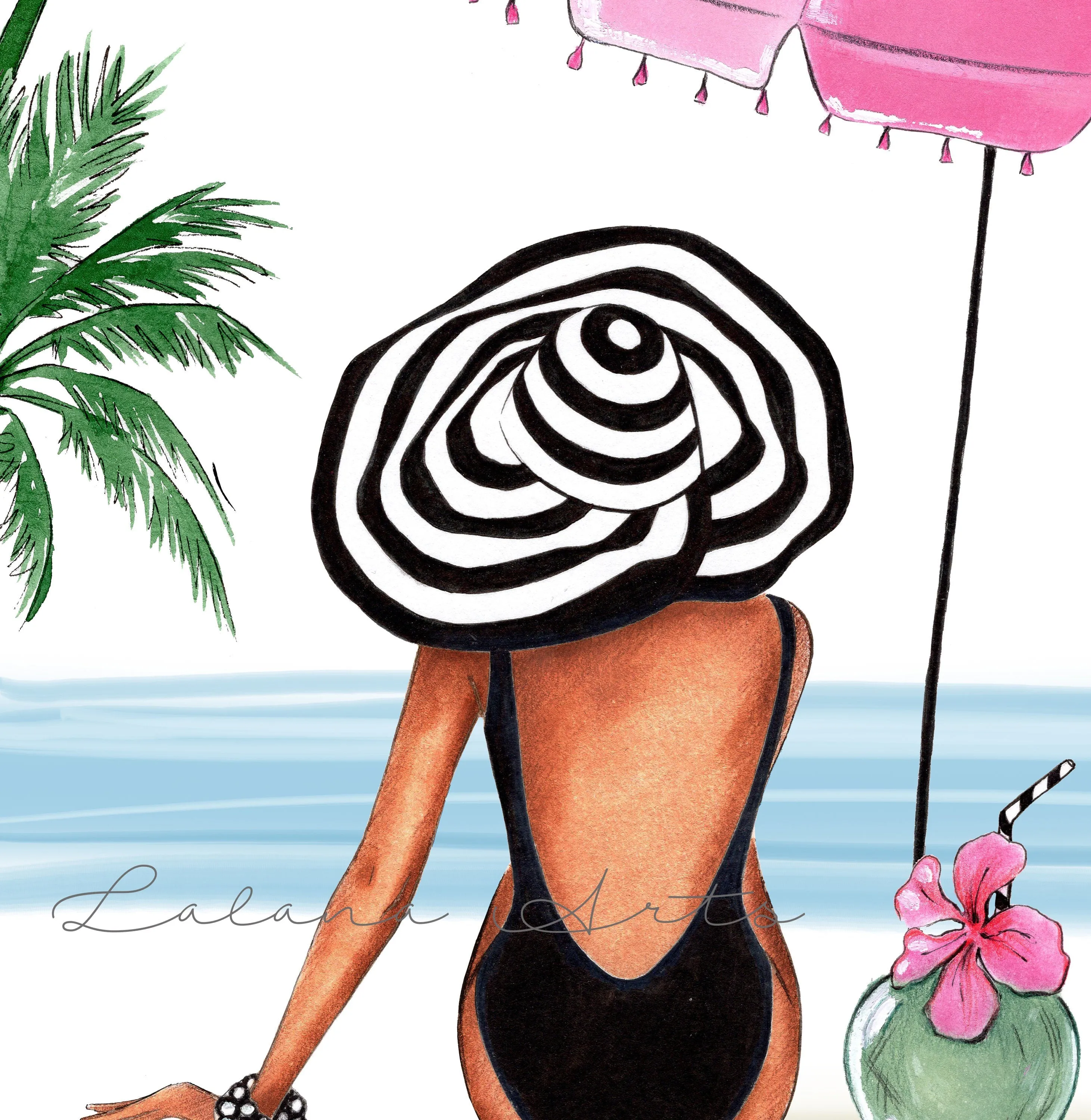 Summer tropical beach art print fashion illustration of a girl under umbrella with coconut