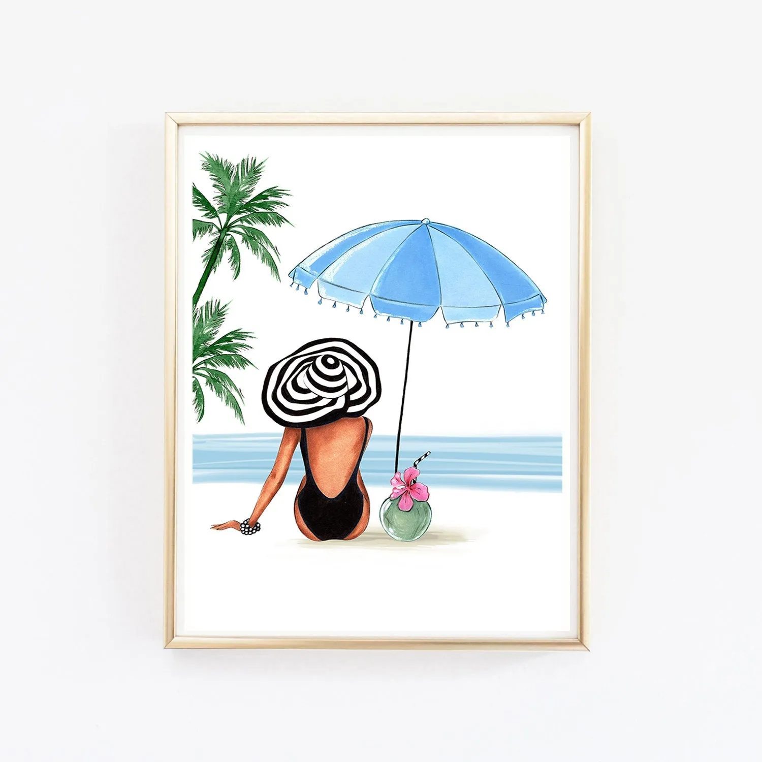 Summer tropical beach art print fashion illustration of a girl under umbrella with coconut