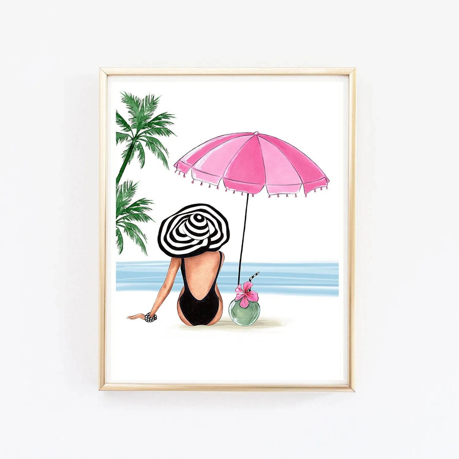 Summer tropical beach art print fashion illustration of a girl under umbrella with coconut