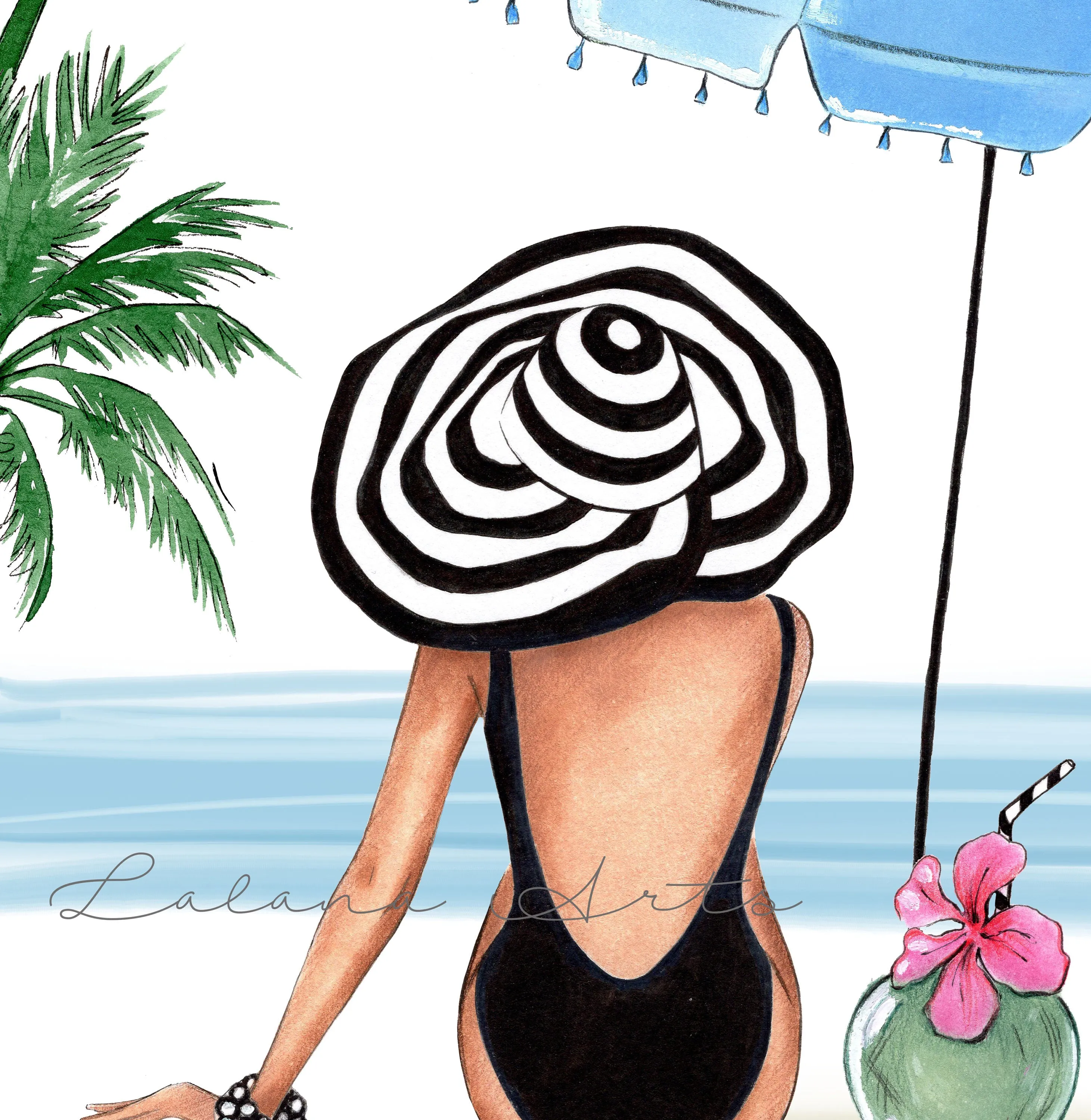 Summer tropical beach art print fashion illustration of a girl under umbrella with coconut