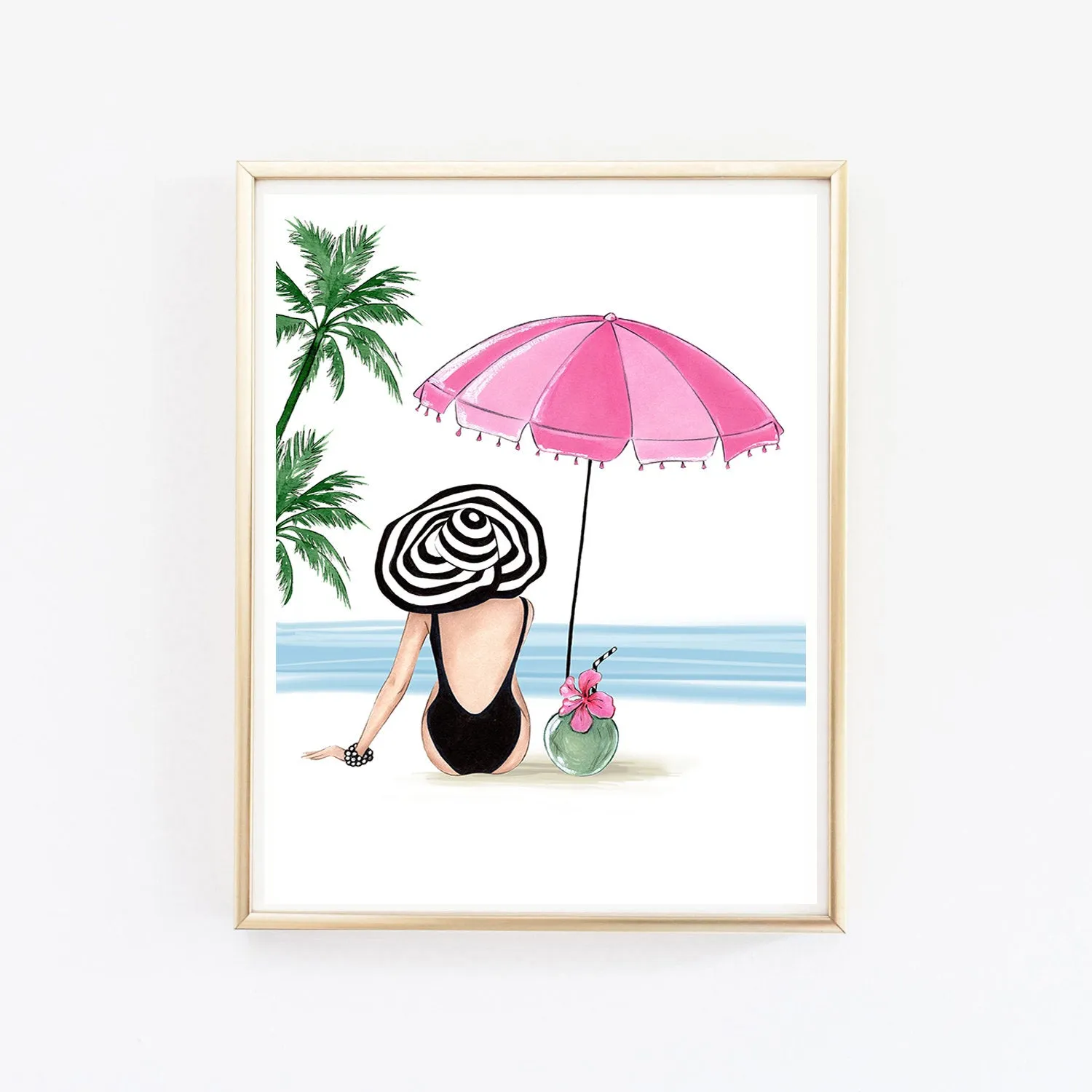 Summer tropical beach art print fashion illustration of a girl under umbrella with coconut