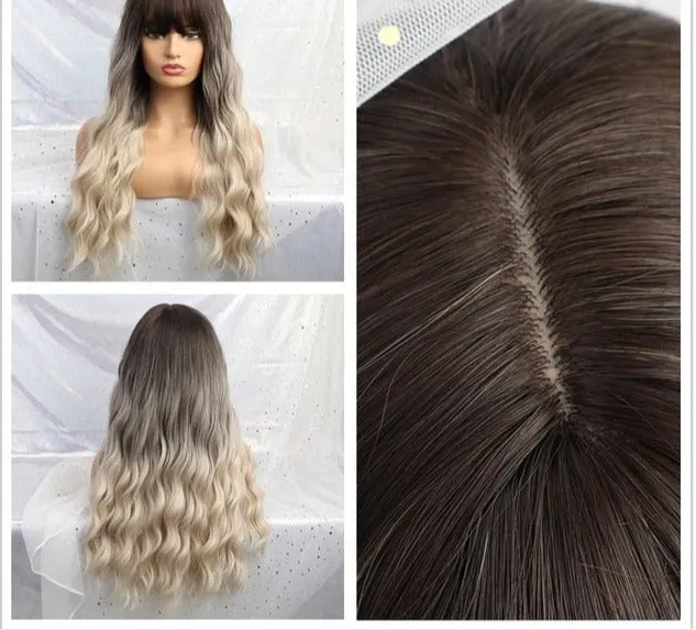 Yeknu Long Ombre Light Ash Brown Blonde Wavy Wig Cosplay Party Daily Synthetic Wig for Women High Density Temperature Fibre