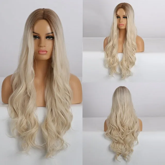 Yeknu Long Ombre Light Ash Brown Blonde Wavy Wig Cosplay Party Daily Synthetic Wig for Women High Density Temperature Fibre