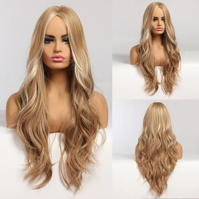 Yeknu Long Ombre Light Ash Brown Blonde Wavy Wig Cosplay Party Daily Synthetic Wig for Women High Density Temperature Fibre